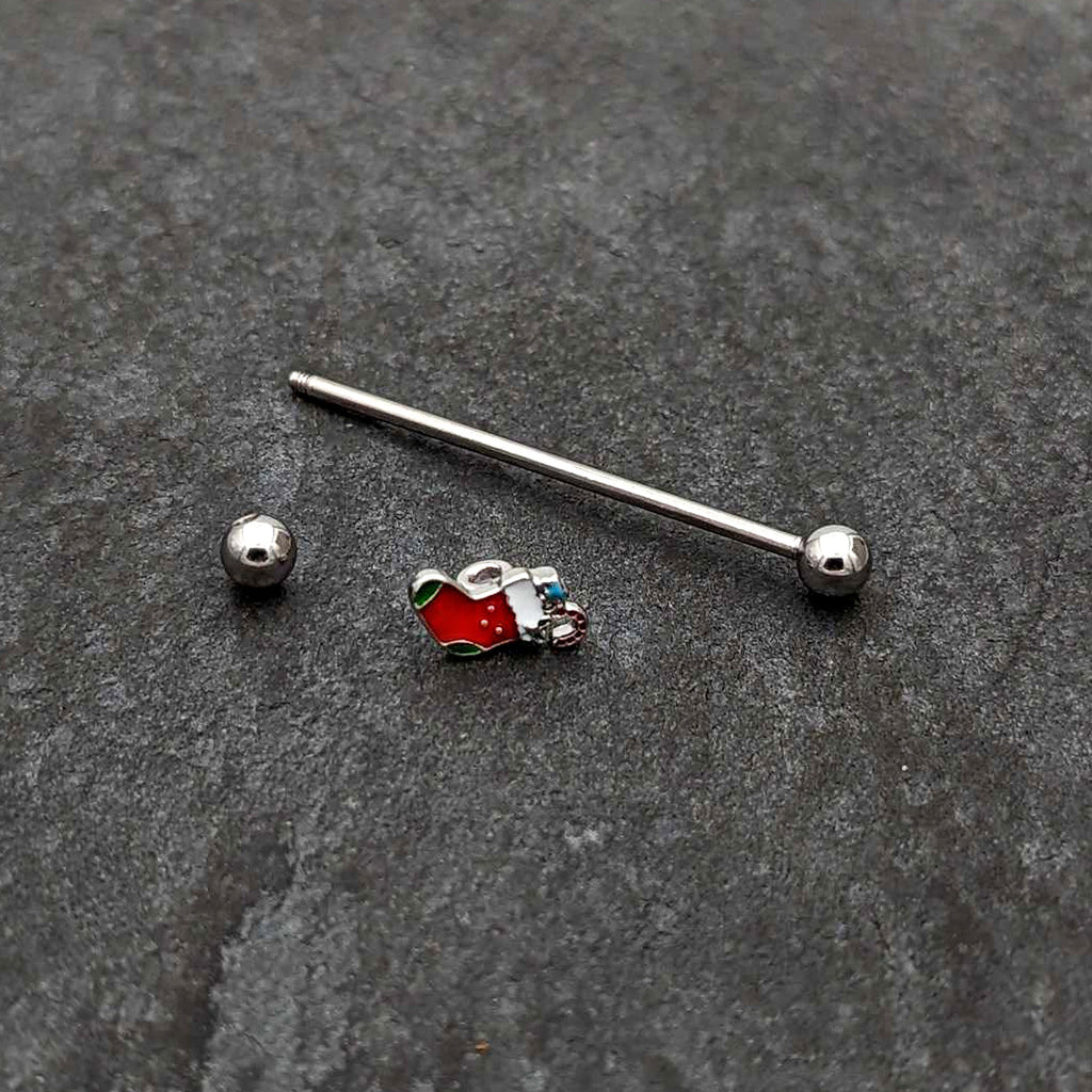 BodyCandy 14G Happy Christmas Stocking Red Green Industrial Barbell 38mm — back view
