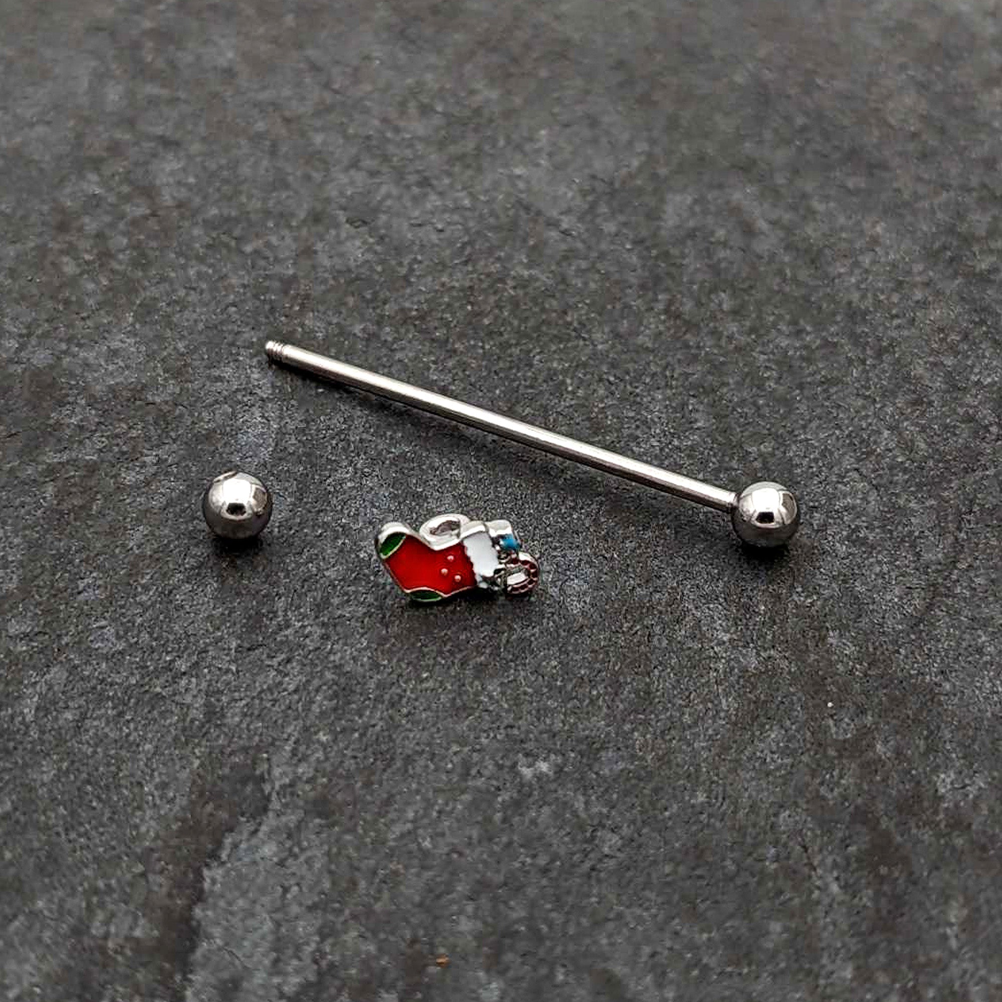 BodyCandy 14G Happy Christmas Stocking Red Green Industrial Barbell 38mm — back view