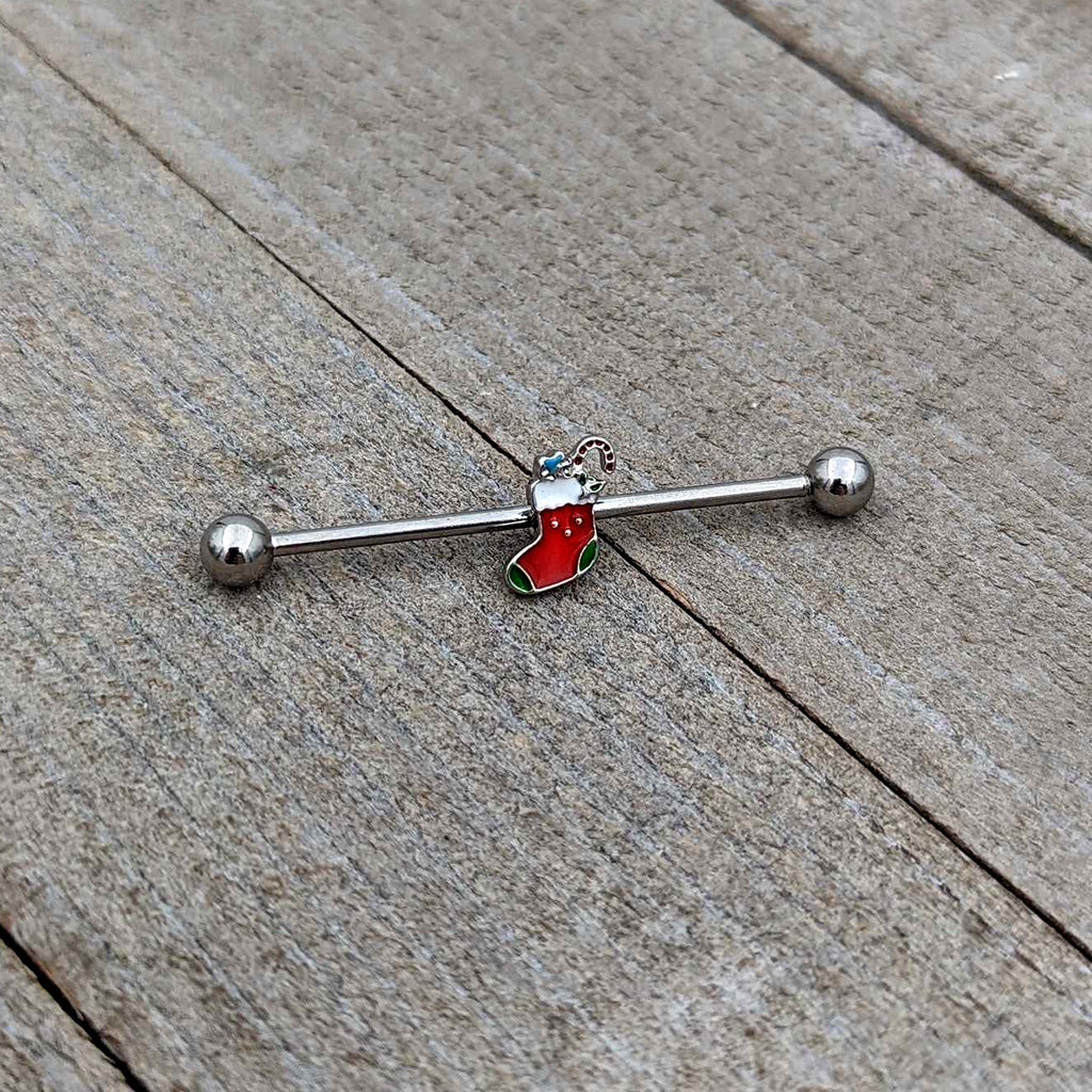 BodyCandy 14G Happy Christmas Stocking Red Green Industrial Barbell 38mm — alternative angle