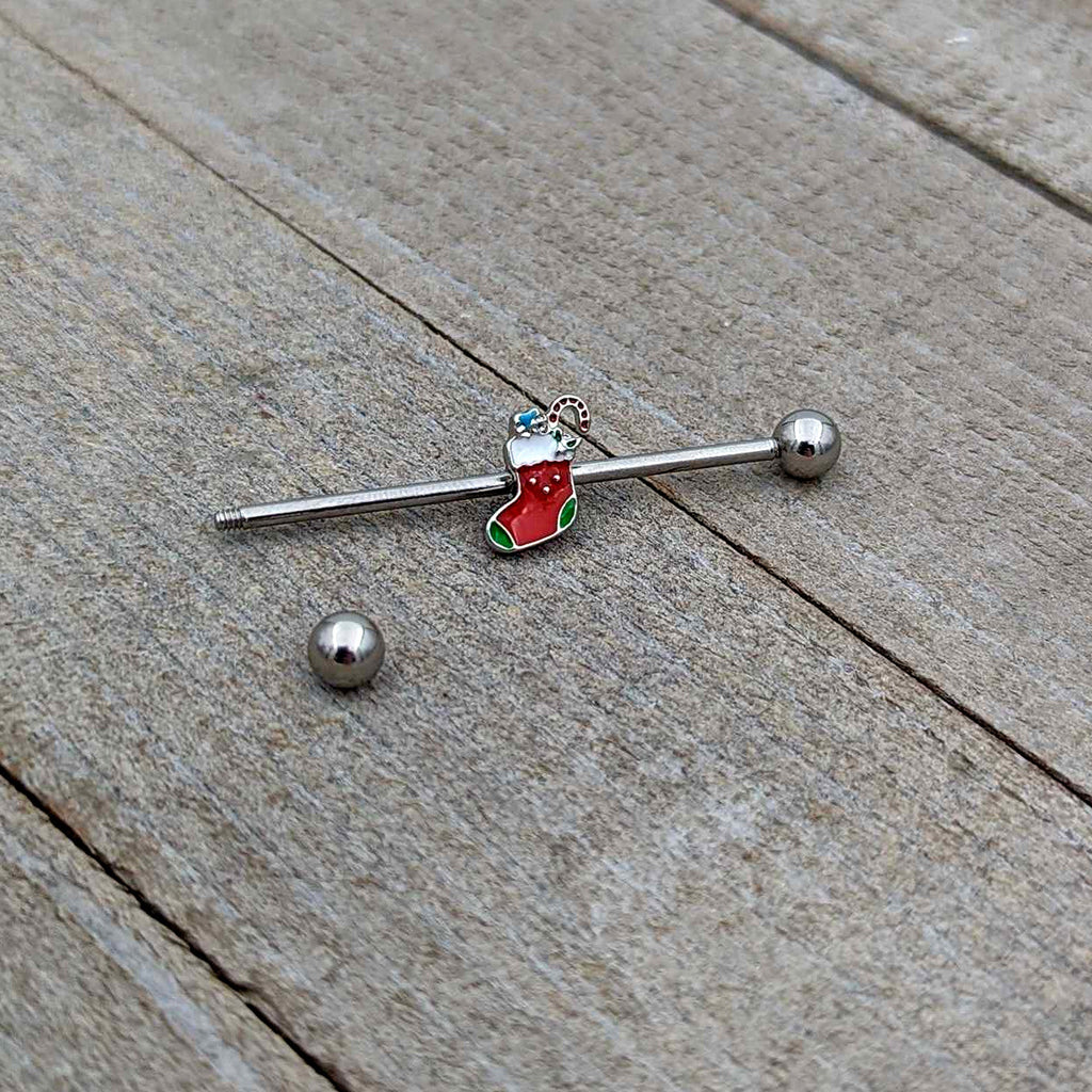 BodyCandy 14G Happy Christmas Stocking Red Green Industrial Barbell 38mm — in-use photo