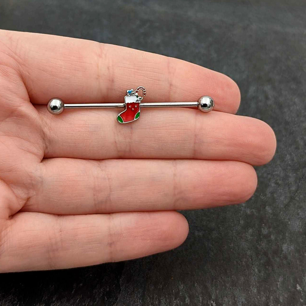BodyCandy 14G Happy Christmas Stocking Red Green Industrial Barbell 38mm — size reference