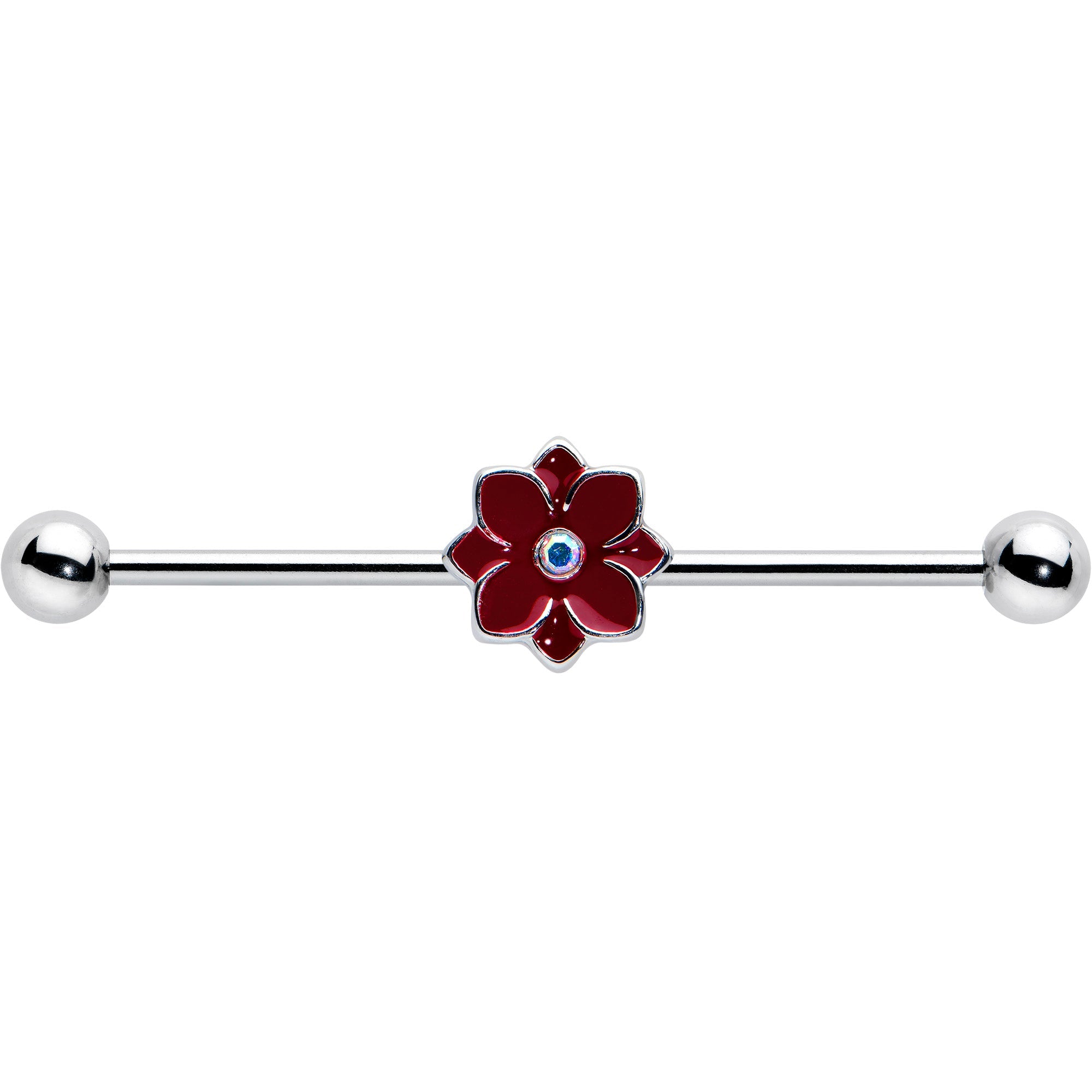 BodyCandy 14G Aurora Gem Poinsettia Flower Festive Industrial Barbell 38mm — detail close-up