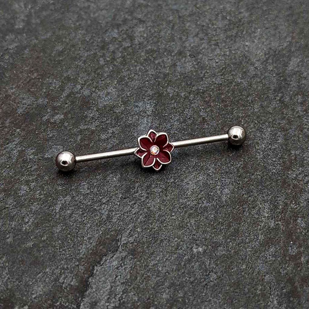 BodyCandy 14G Aurora Gem Poinsettia Flower Festive Industrial Barbell 38mm — side view