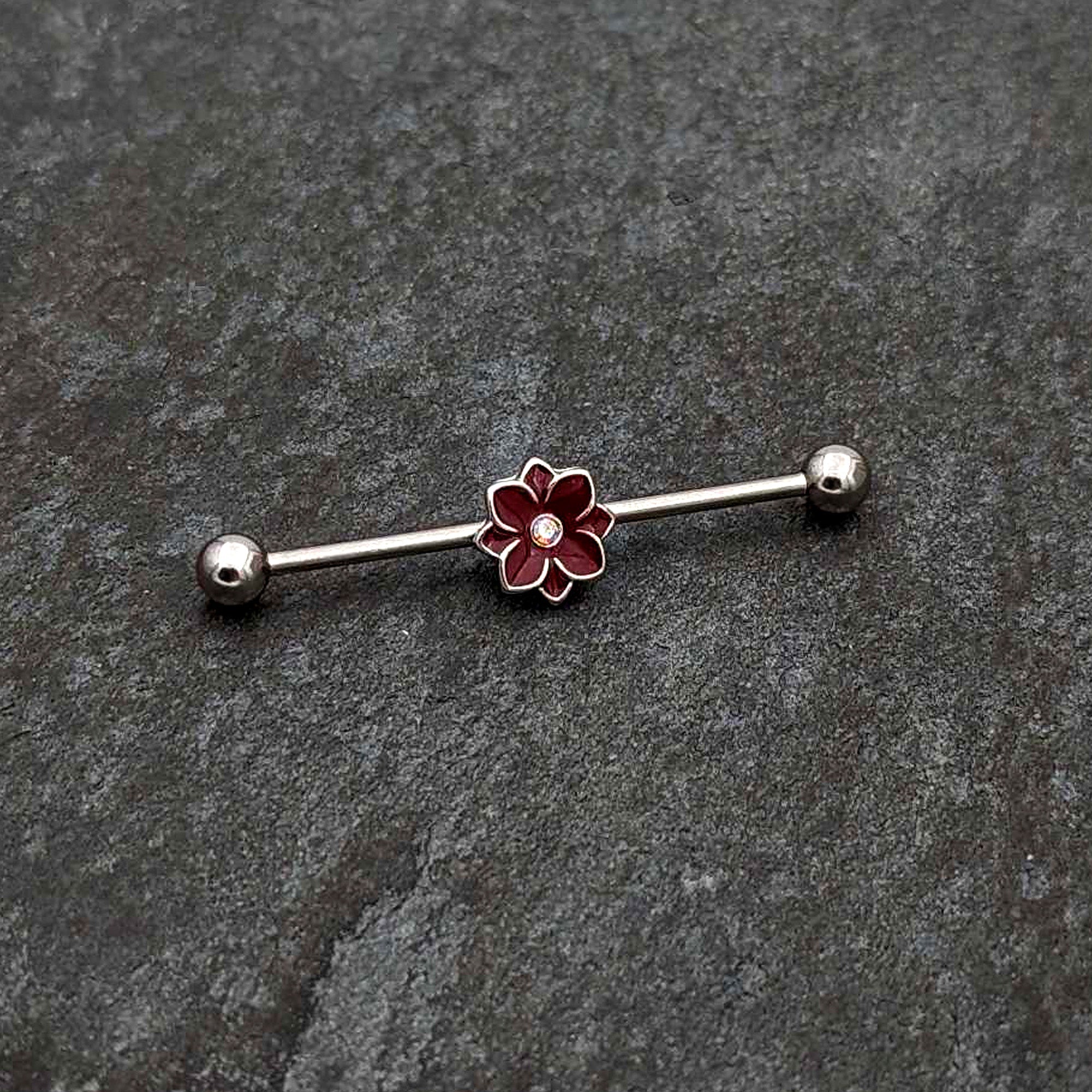 BodyCandy 14G Aurora Gem Poinsettia Flower Festive Industrial Barbell 38mm — side view