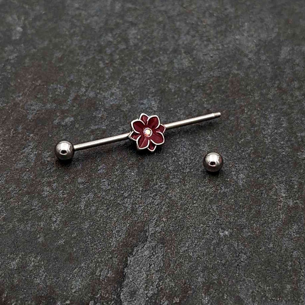 BodyCandy 14G Aurora Gem Poinsettia Flower Festive Industrial Barbell 38mm — back view