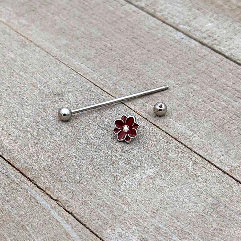BodyCandy 14G Aurora Gem Poinsettia Flower Festive Industrial Barbell 38mm — in-use photo