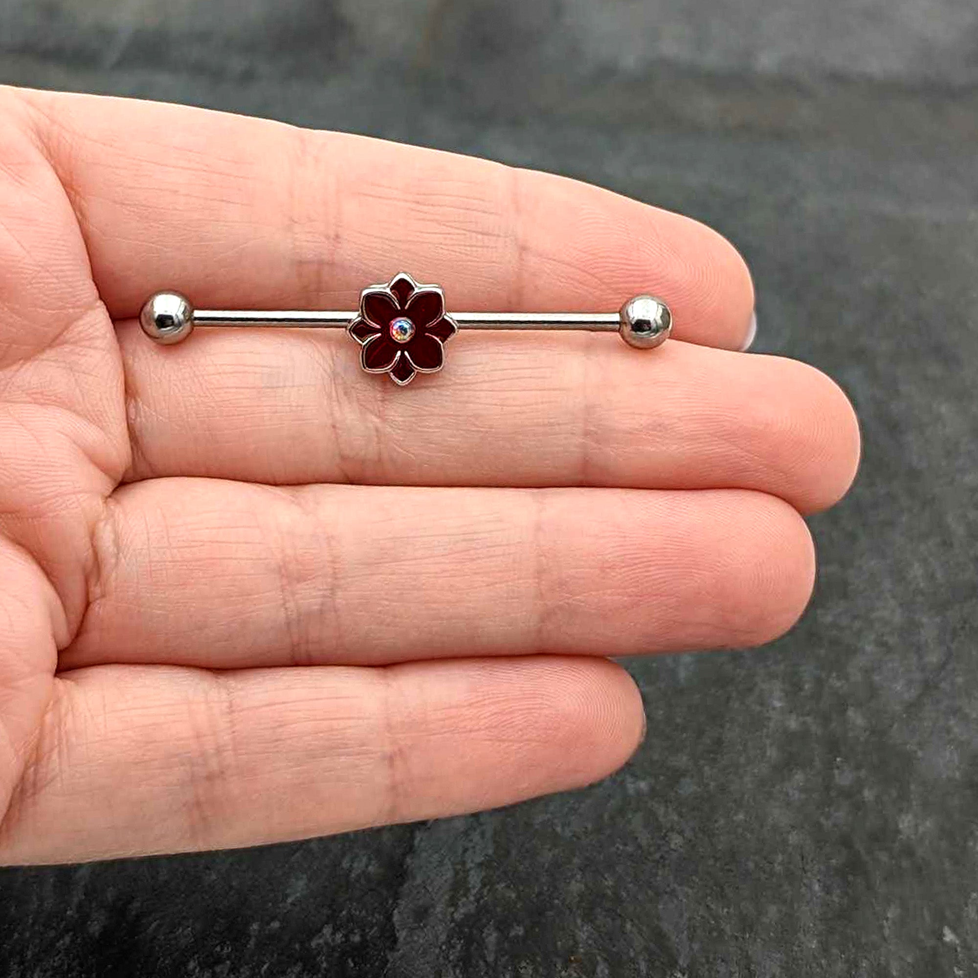 BodyCandy 14G Aurora Gem Poinsettia Flower Festive Industrial Barbell 38mm — size reference