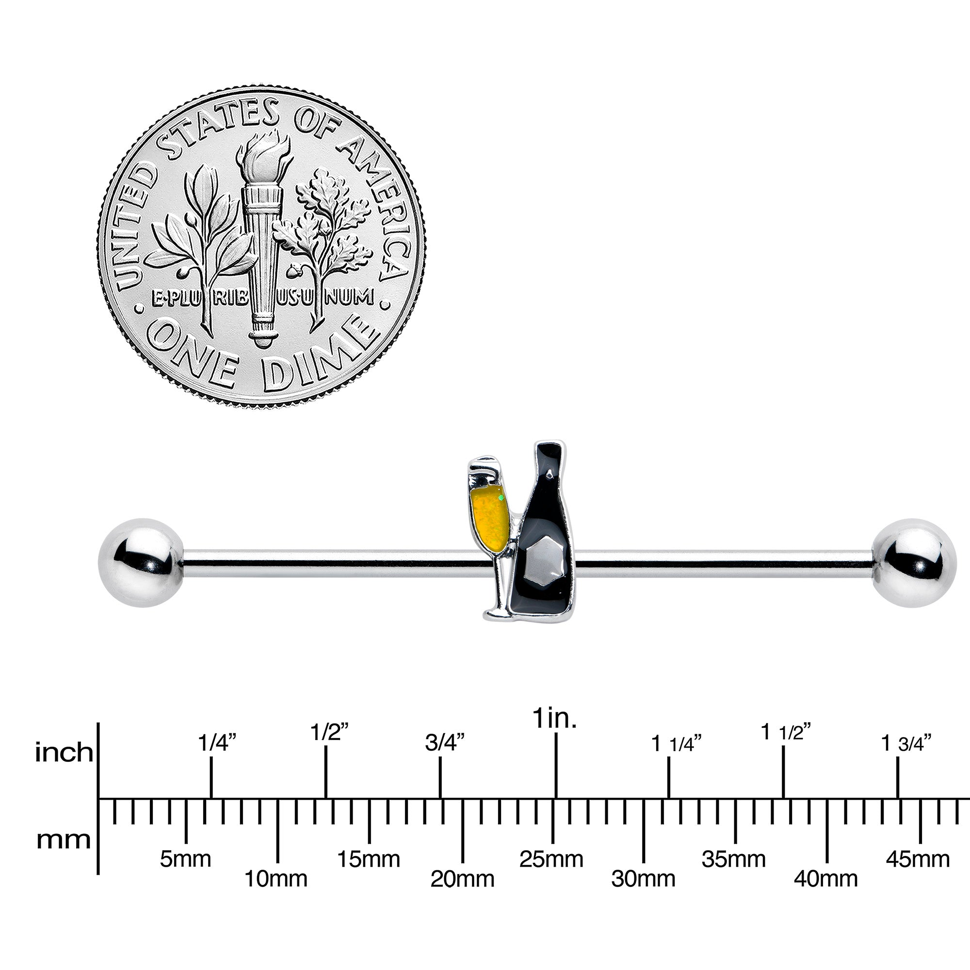BodyCandy 14G Champagne Bottle Flute Yellow Industrial Barbell 38mm — lifestyle context