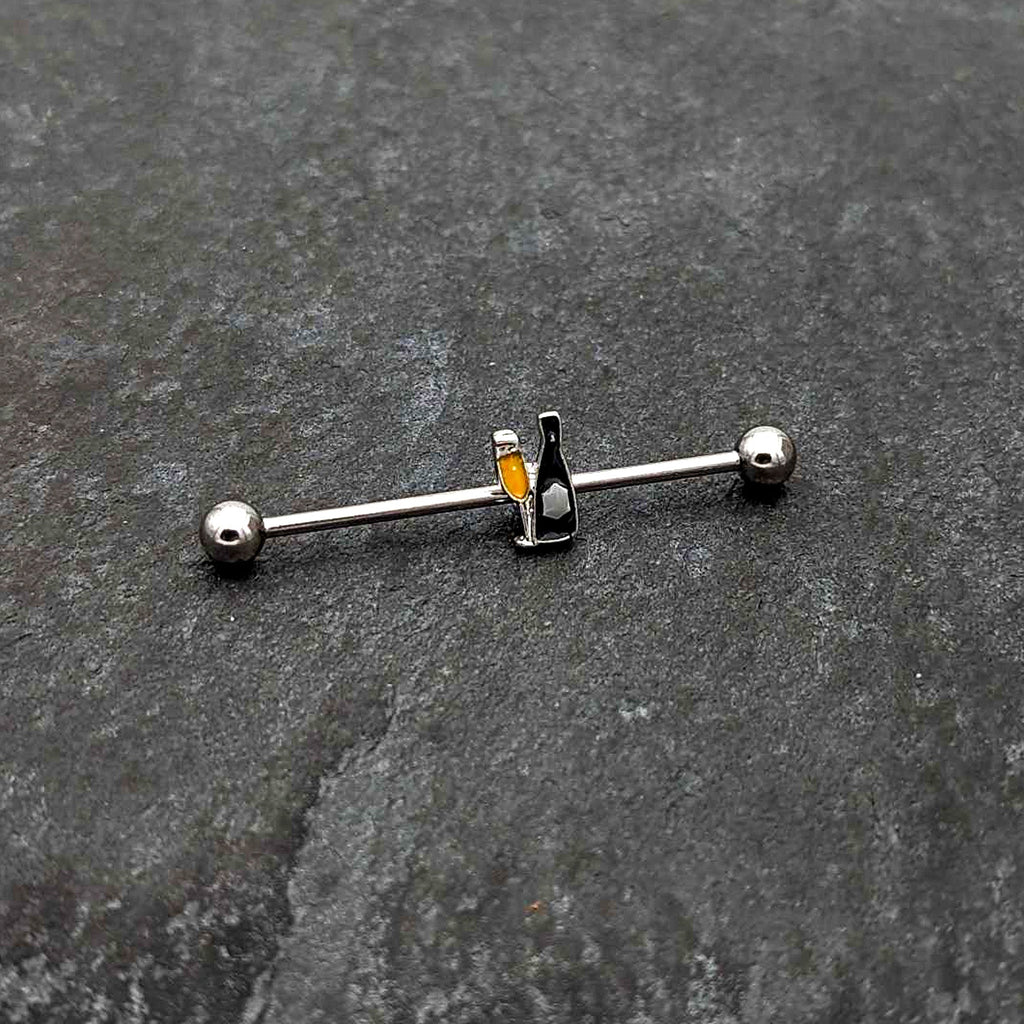 BodyCandy 14G Champagne Bottle Flute Yellow Industrial Barbell 38mm — side view