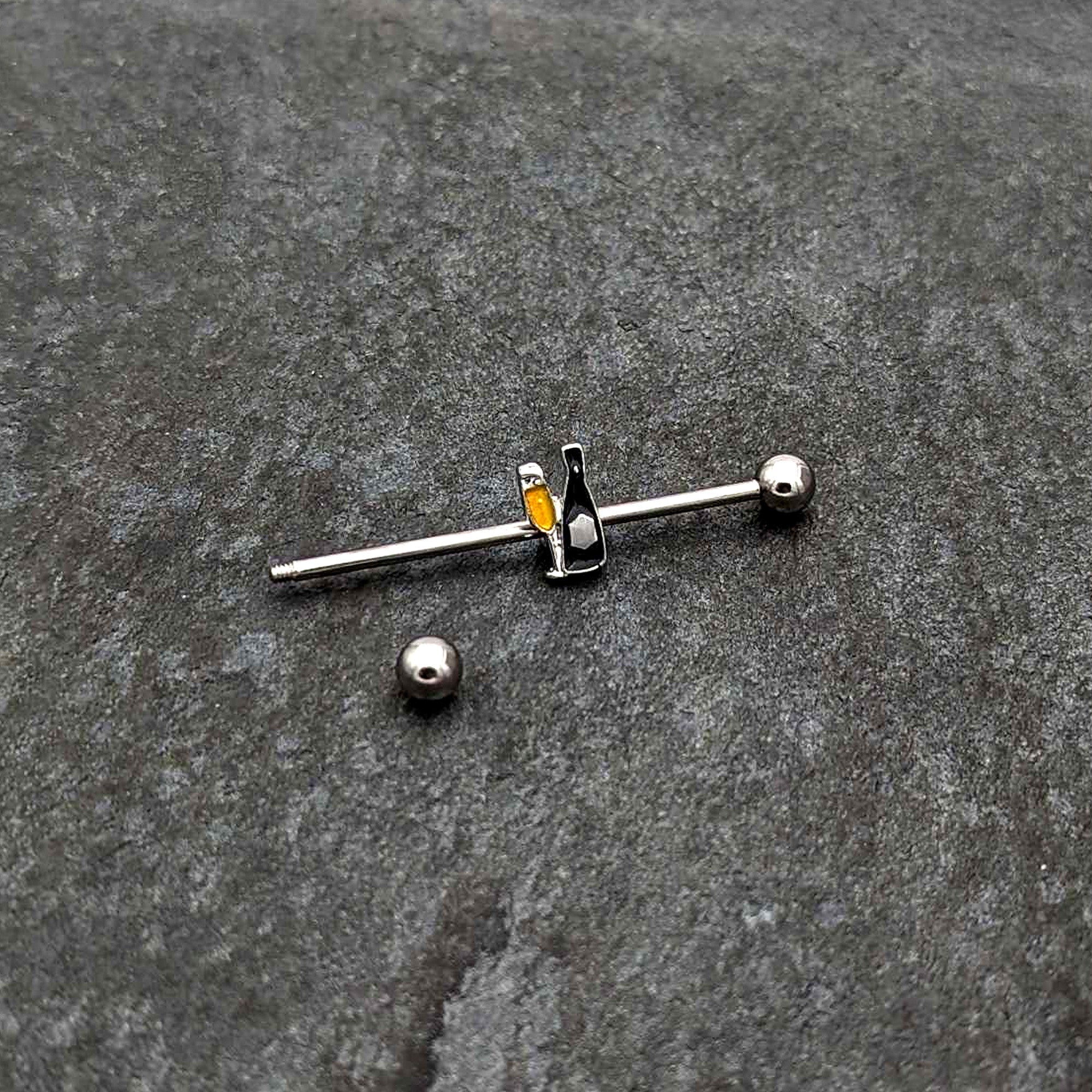 BodyCandy 14G Champagne Bottle Flute Yellow Industrial Barbell 38mm — back view