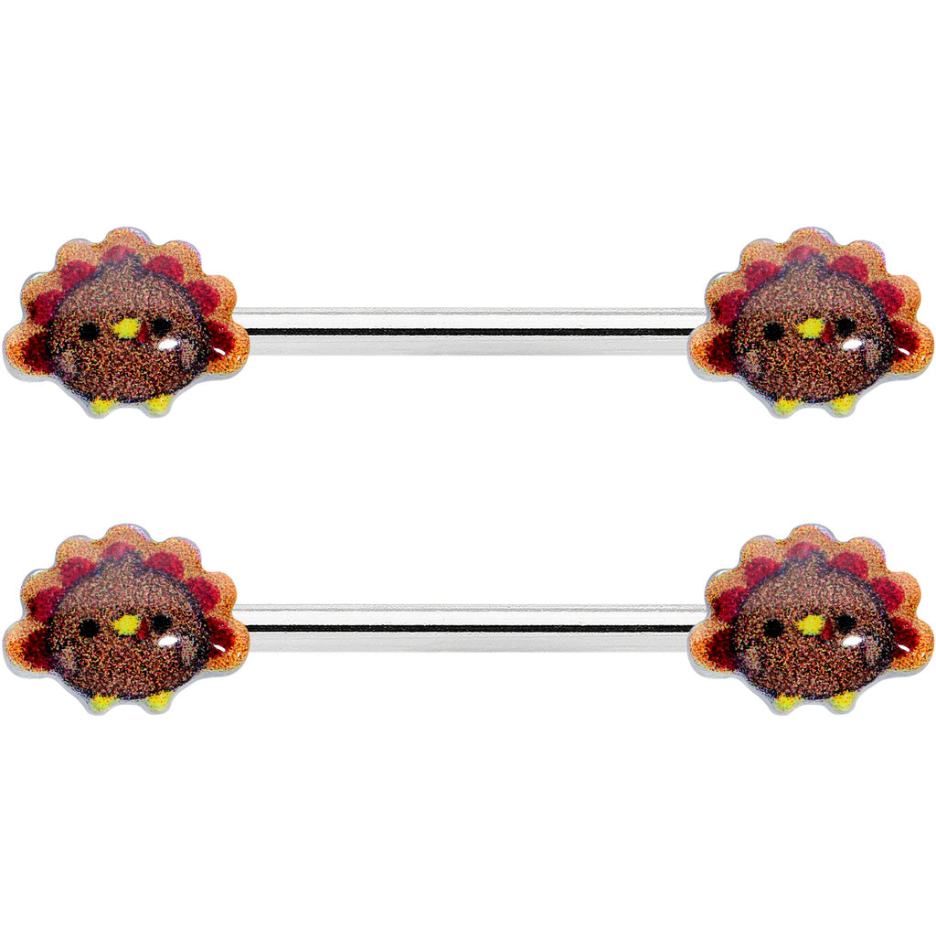 BodyCandy 14G 9/16 Cute Colorful Turkeys Barbell Nipple Ring Set — detail close-up