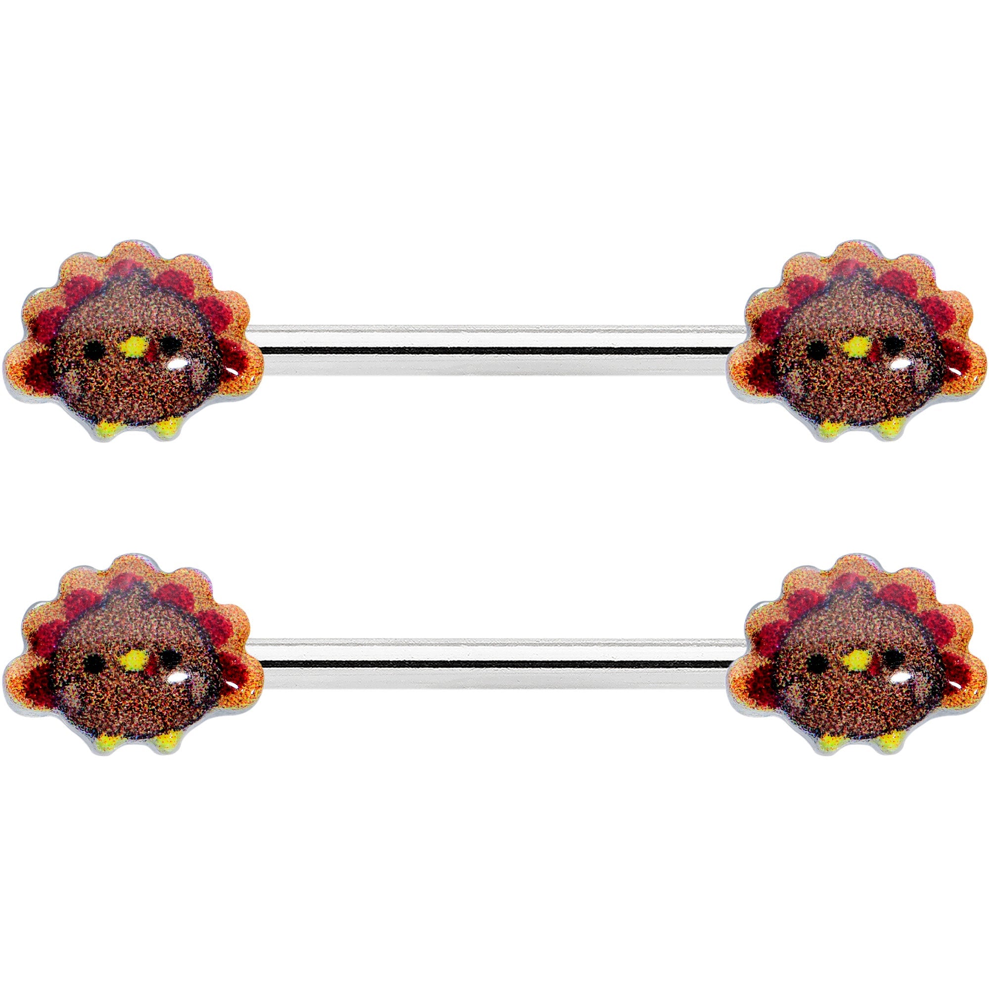 BodyCandy 14G 9/16 Cute Colorful Turkeys Barbell Nipple Ring Set — detail close-up