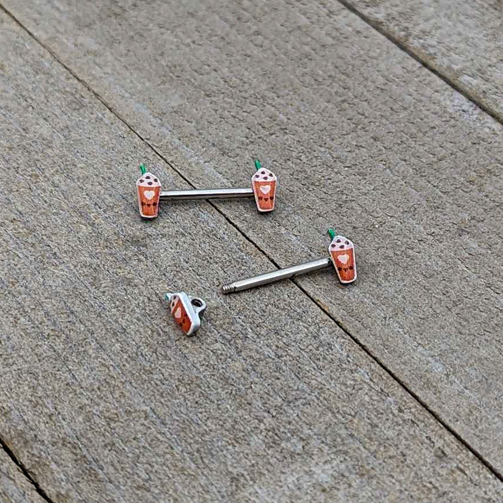 BodyCandy 14G 9/16 Sweet Pumpkin Frappe Autumn Barbell Nipple Ring Set — in-use photo