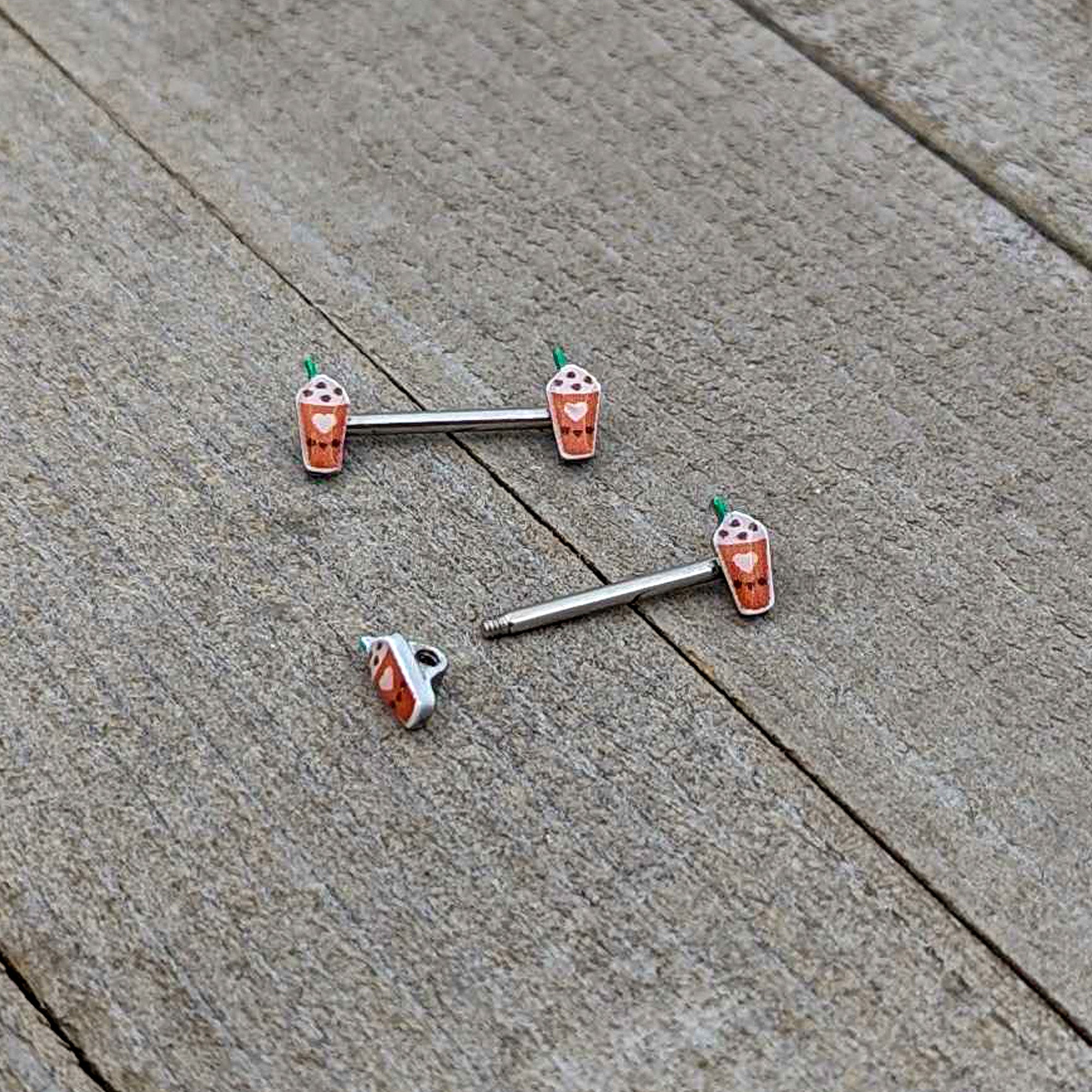 BodyCandy 14G 9/16 Sweet Pumpkin Frappe Autumn Barbell Nipple Ring Set — in-use photo