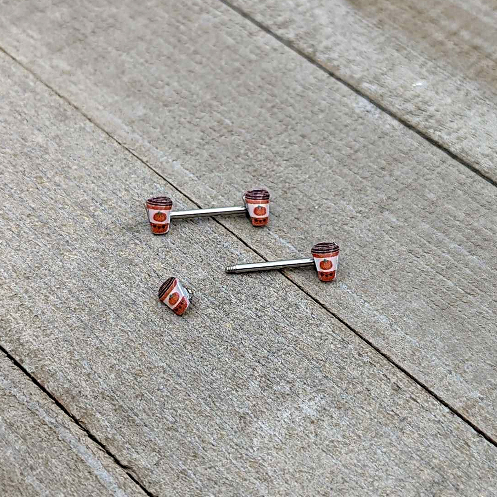 BodyCandy 14G 9/16 Sweet Pumpkin Latte Autumn Barbell Nipple Ring Set — in-use photo
