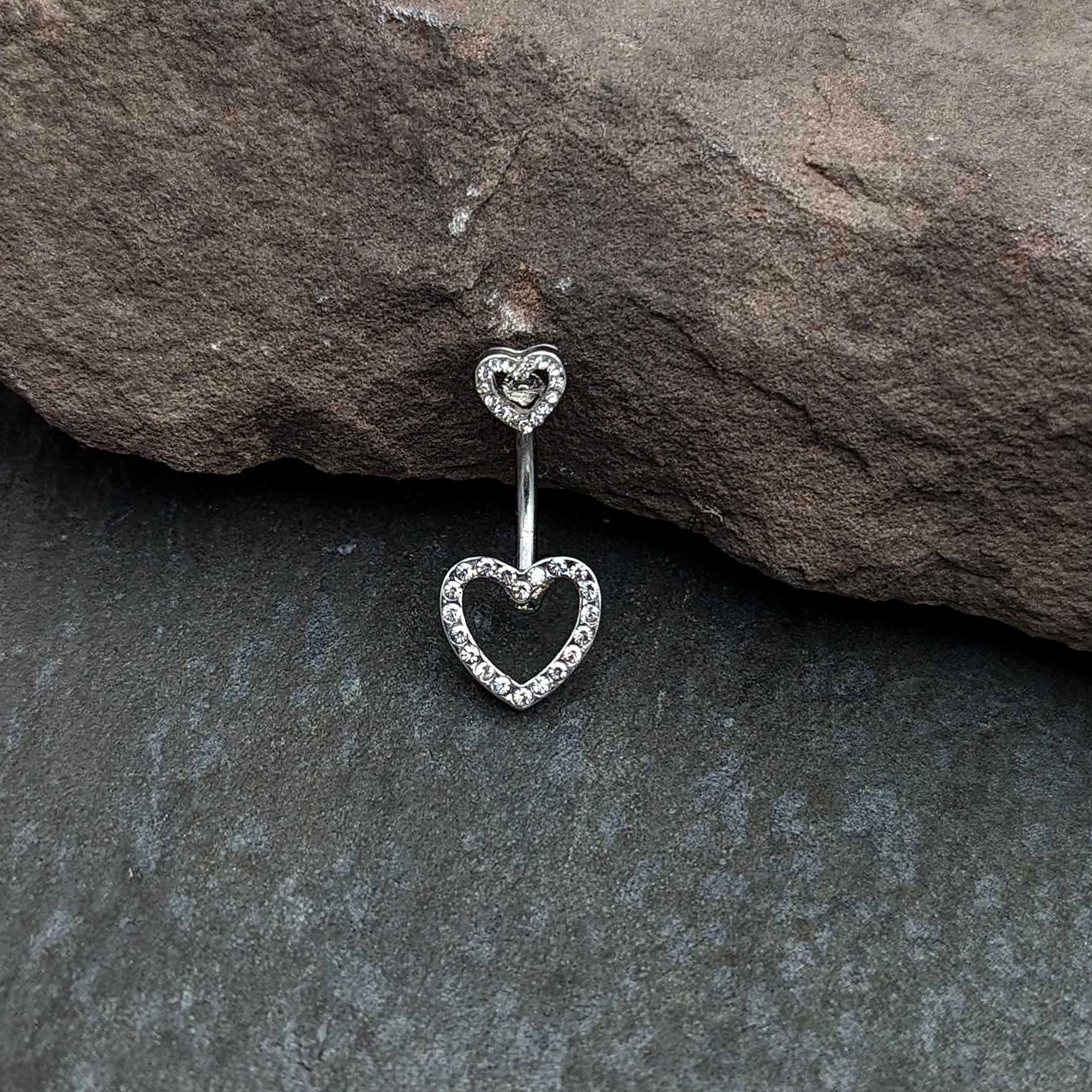 BodyCandy Clear Gem Open Heart Valentine Double Mount Belly Ring — in-use photo