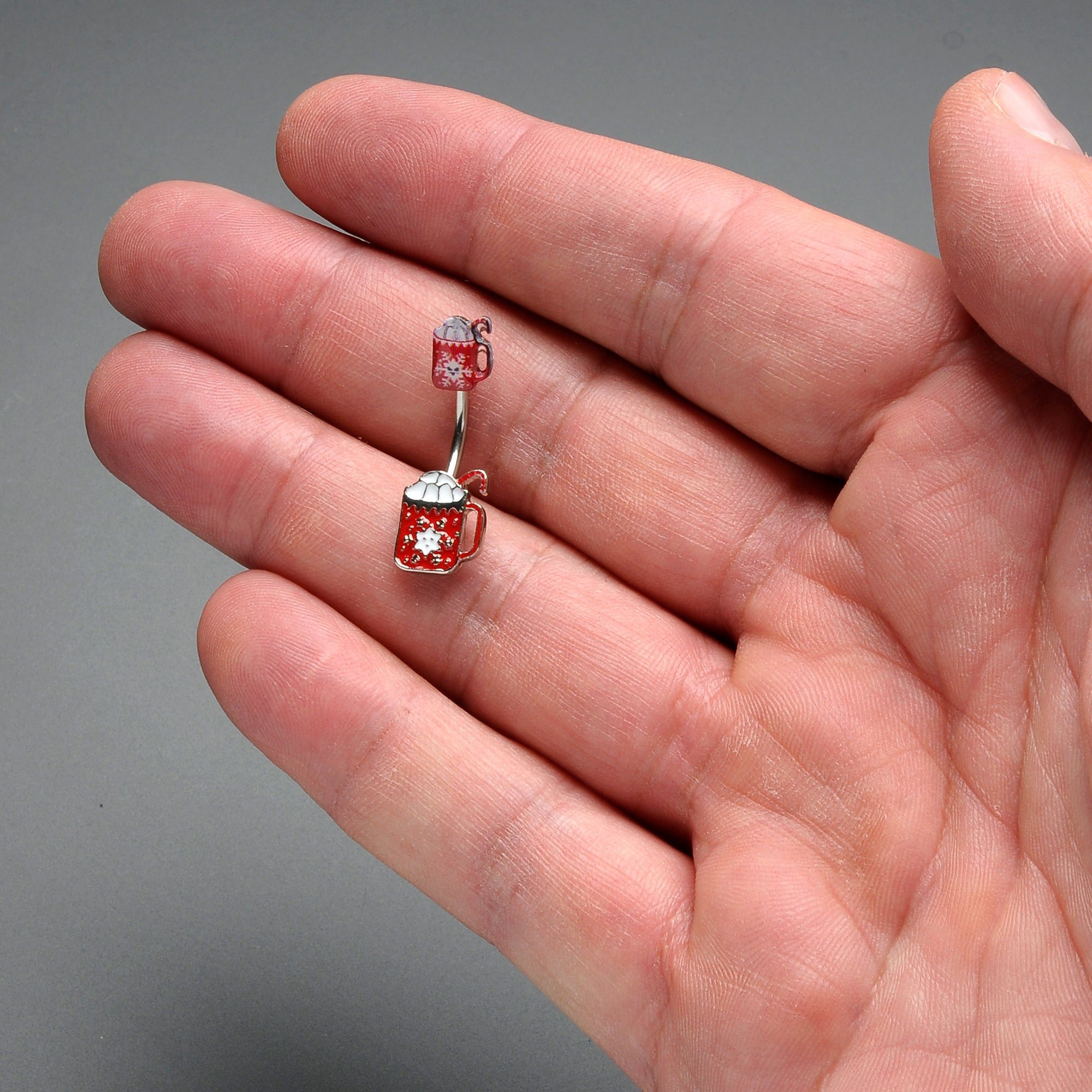BodyCandy Sweet Red Hot Cocoa Marshmallow Holiday Double Mount Belly Ring — detail close-up