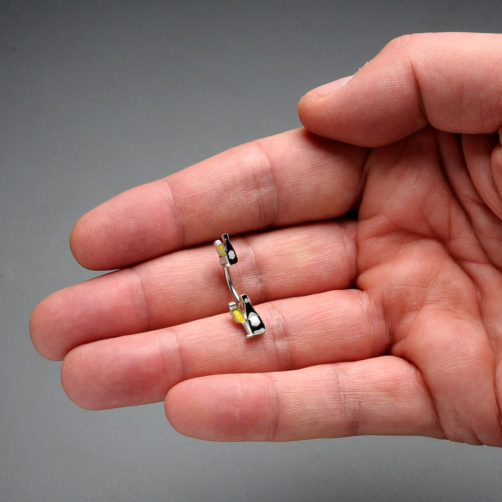 BodyCandy Champagne Bottle Flute Yellow Holiday Double Mount Belly Ring — detail close-up
