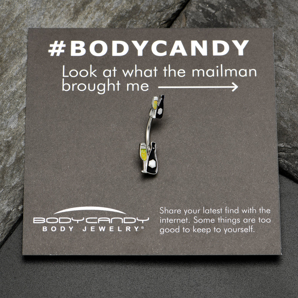 BodyCandy Champagne Bottle Flute Yellow Holiday Double Mount Belly Ring — side view
