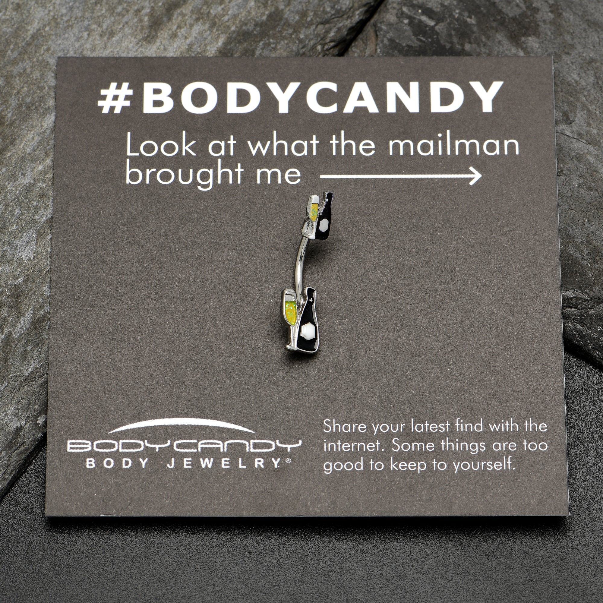 BodyCandy Champagne Bottle Flute Yellow Holiday Double Mount Belly Ring — side view