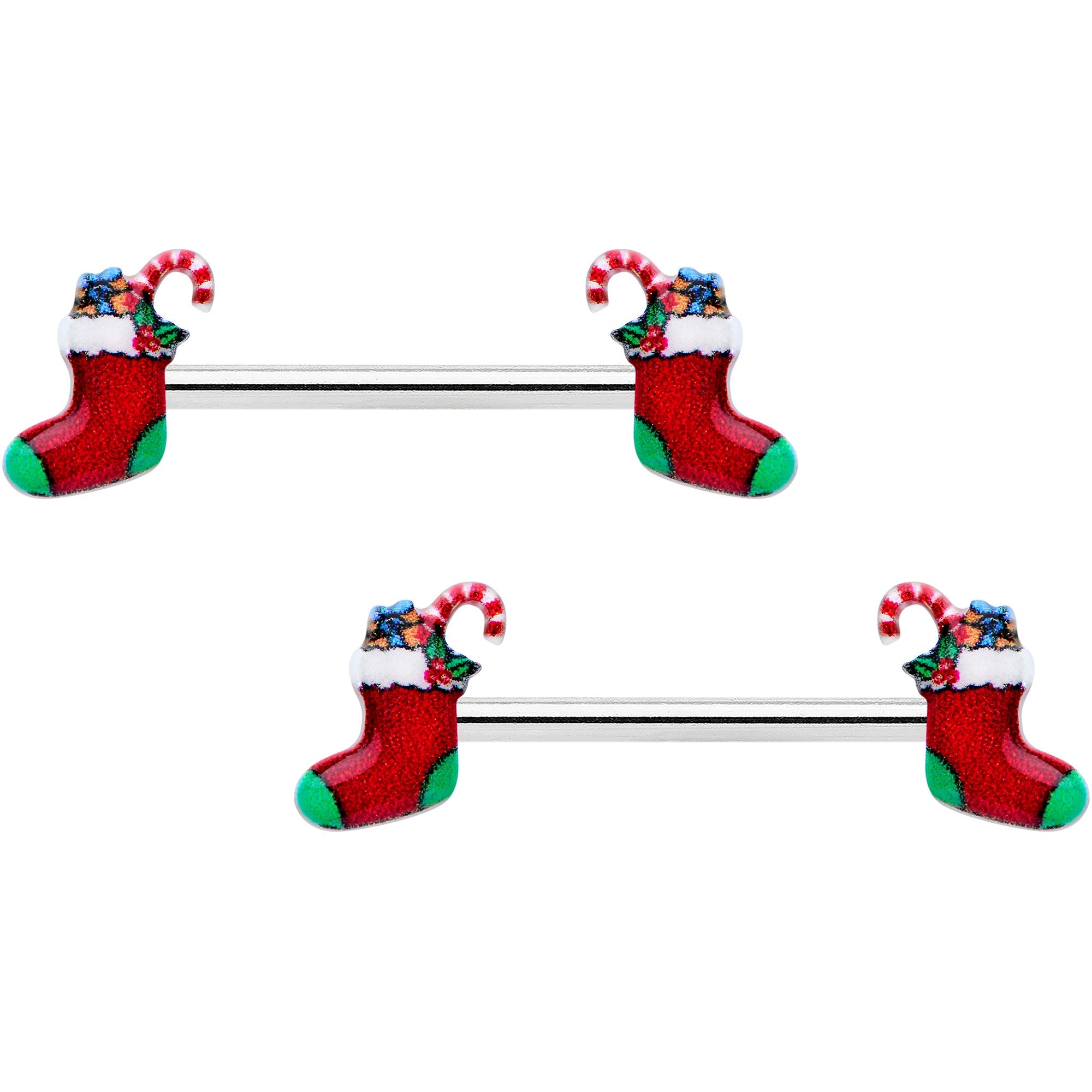 BodyCandy 14G 9/16 Cheery Christmas Stocking Red Barbell Nipple Ring Set — main product shot