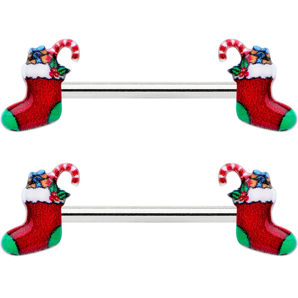 BodyCandy 14G 9/16 Cheery Christmas Stocking Red Barbell Nipple Ring Set — detail close-up