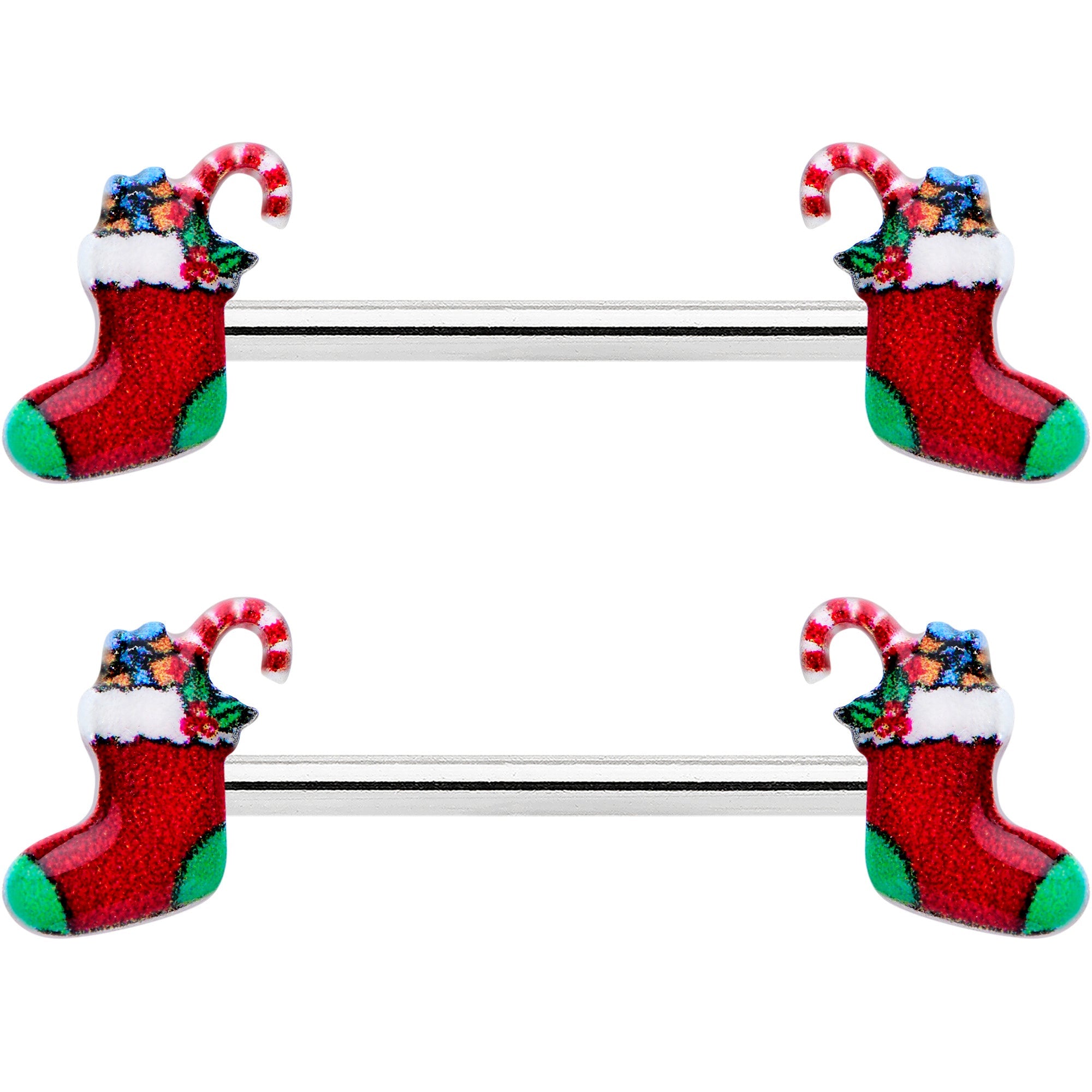 BodyCandy 14G 9/16 Cheery Christmas Stocking Red Barbell Nipple Ring Set — detail close-up