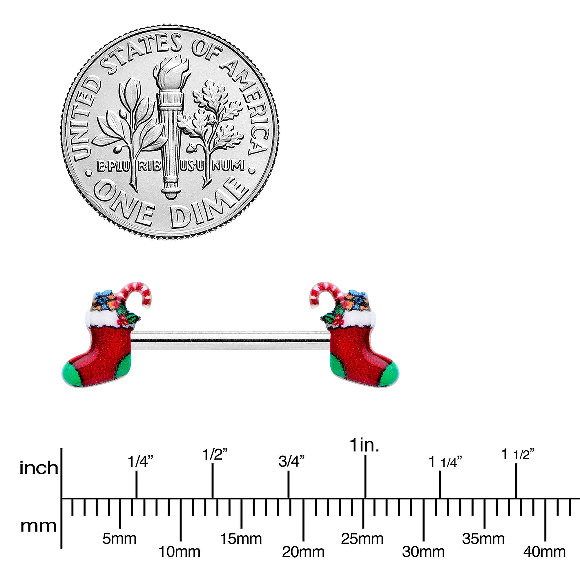 BodyCandy 14G 9/16 Cheery Christmas Stocking Red Barbell Nipple Ring Set — lifestyle context