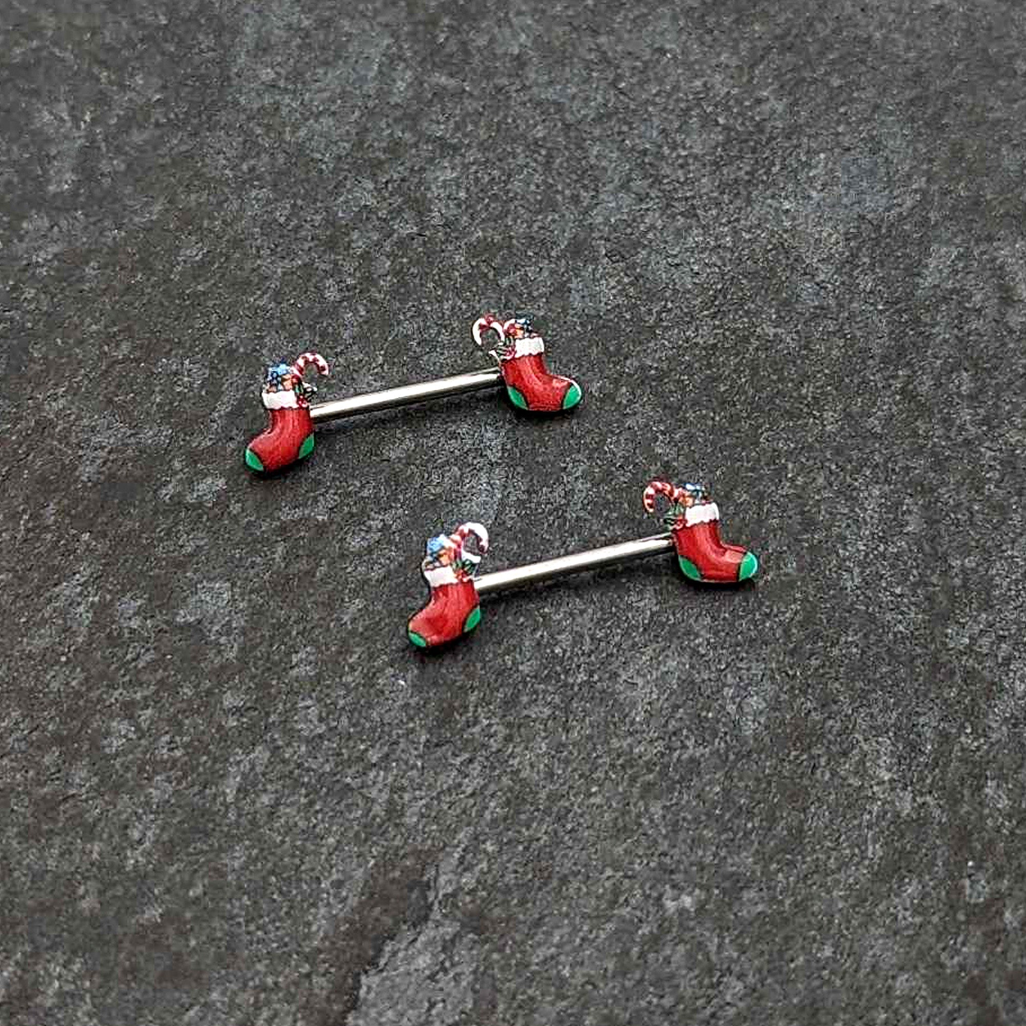 BodyCandy 14G 9/16 Cheery Christmas Stocking Red Barbell Nipple Ring Set — side view