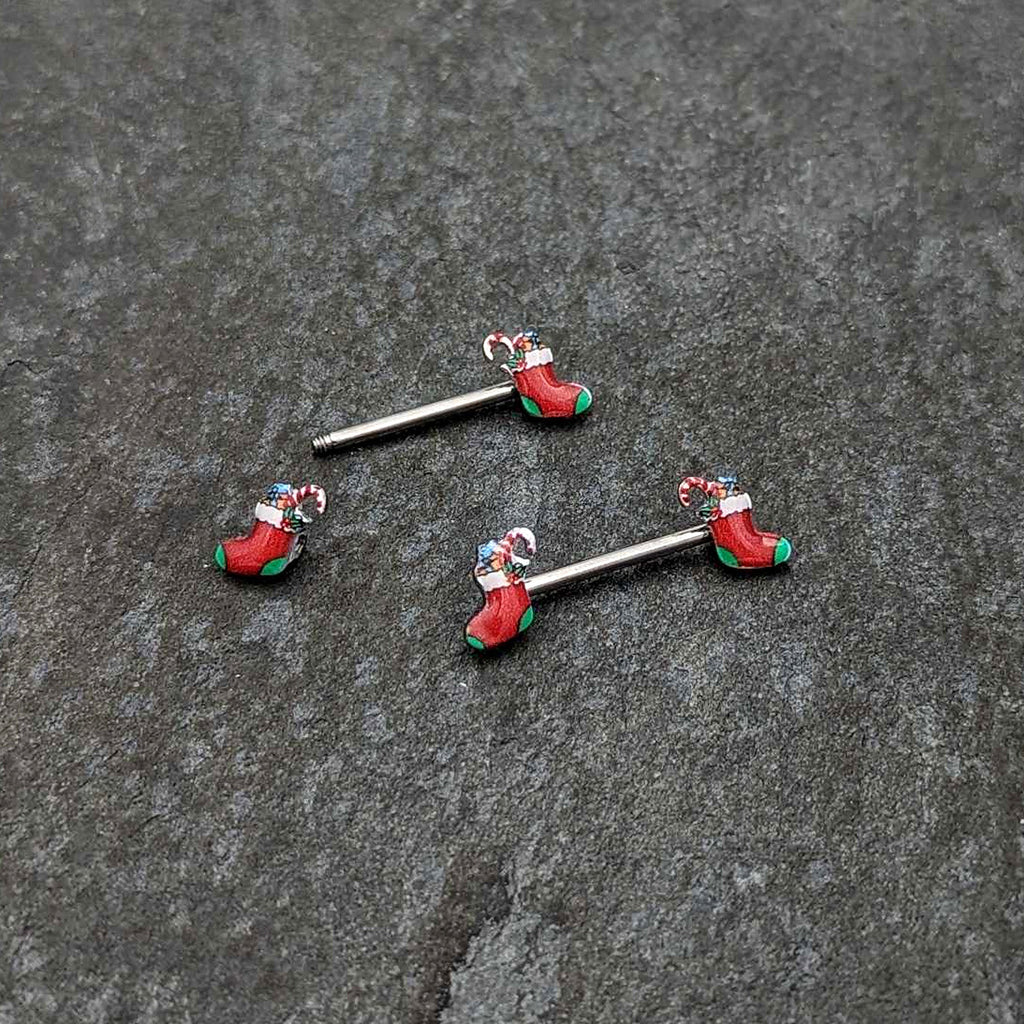 BodyCandy 14G 9/16 Cheery Christmas Stocking Red Barbell Nipple Ring Set — back view