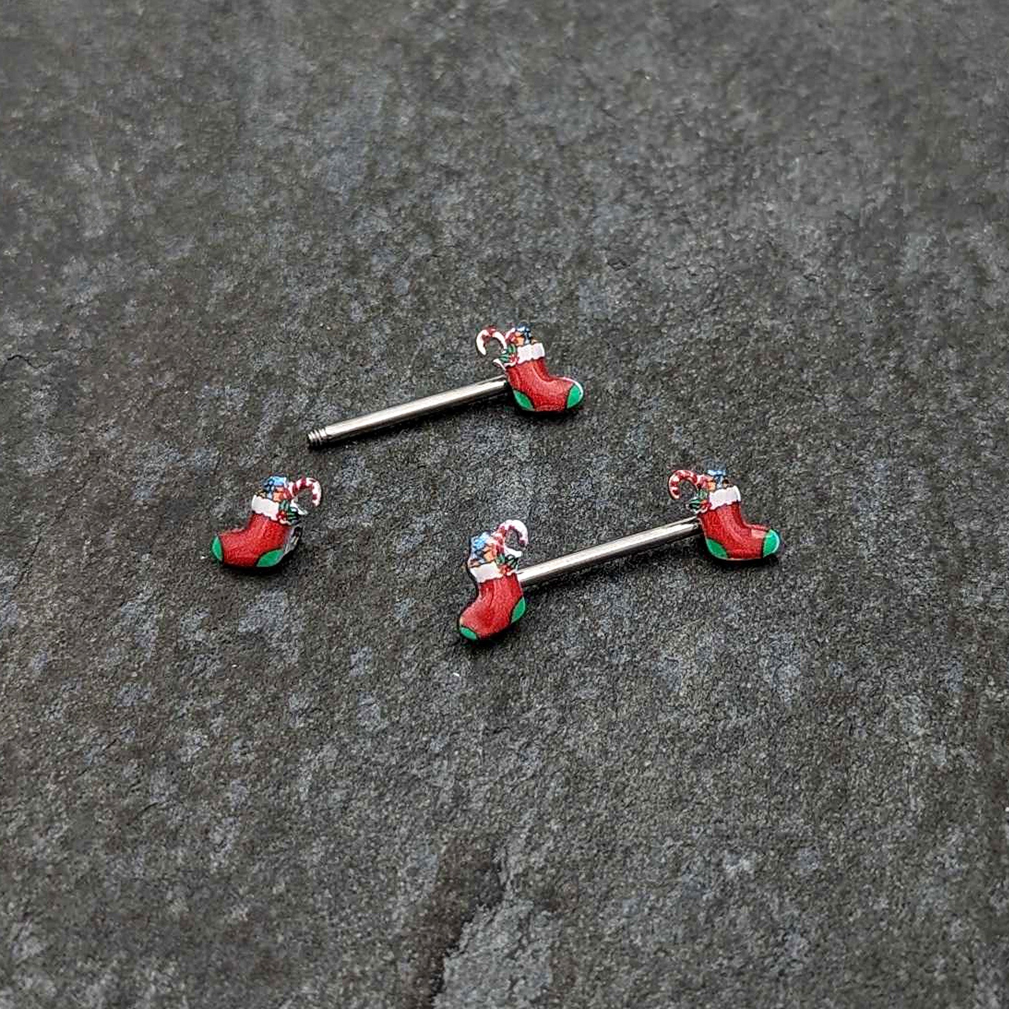 BodyCandy 14G 9/16 Cheery Christmas Stocking Red Barbell Nipple Ring Set — back view