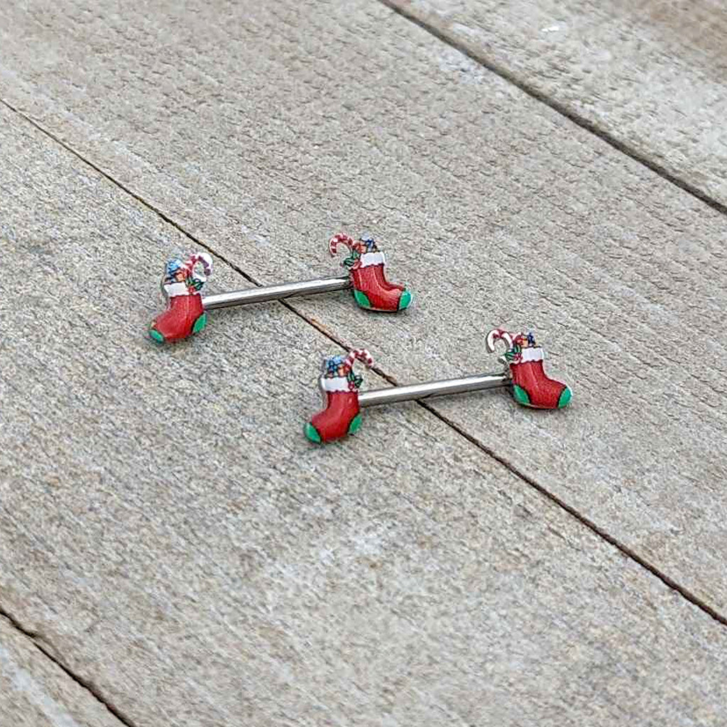 BodyCandy 14G 9/16 Cheery Christmas Stocking Red Barbell Nipple Ring Set — alternative angle