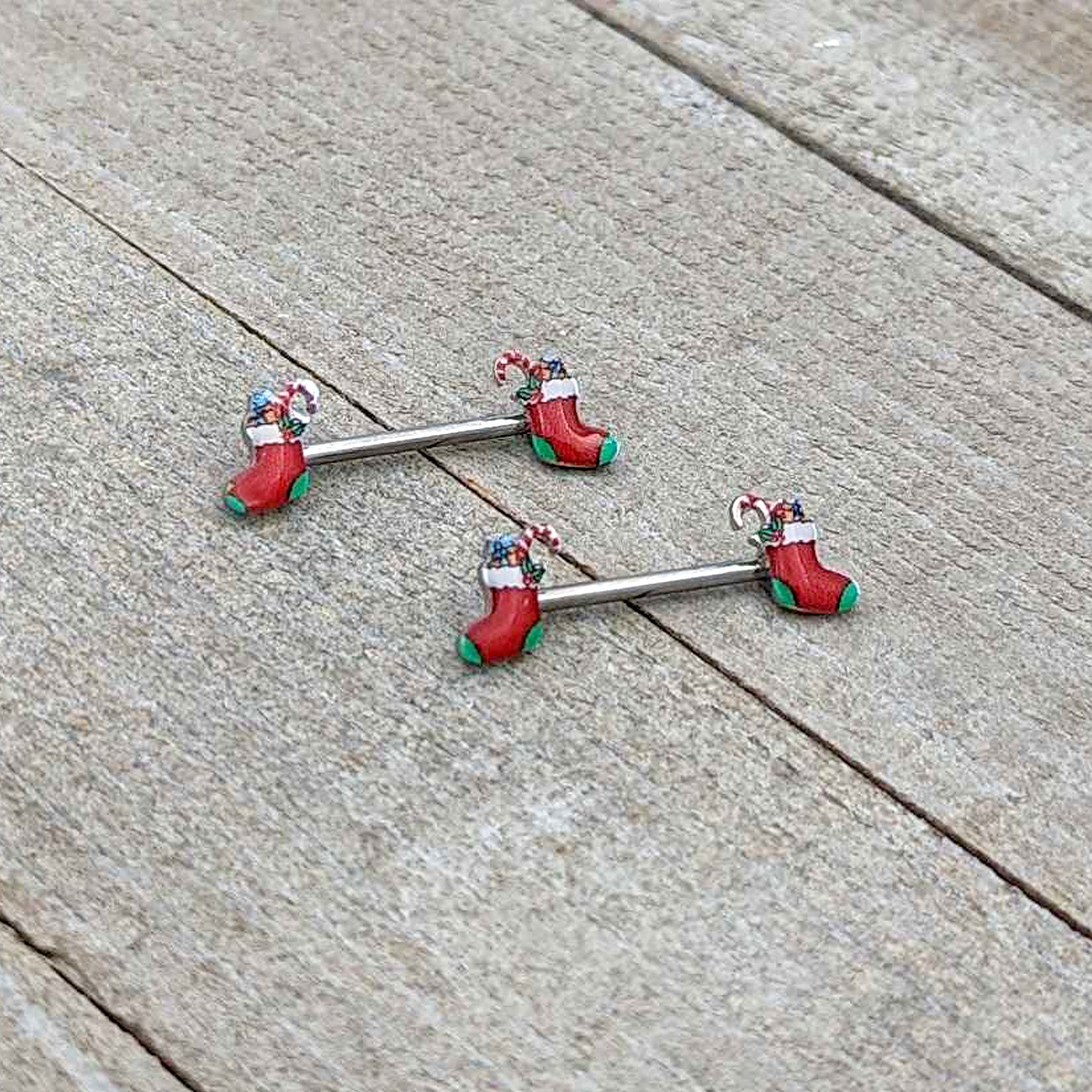 BodyCandy 14G 9/16 Cheery Christmas Stocking Red Barbell Nipple Ring Set — alternative angle