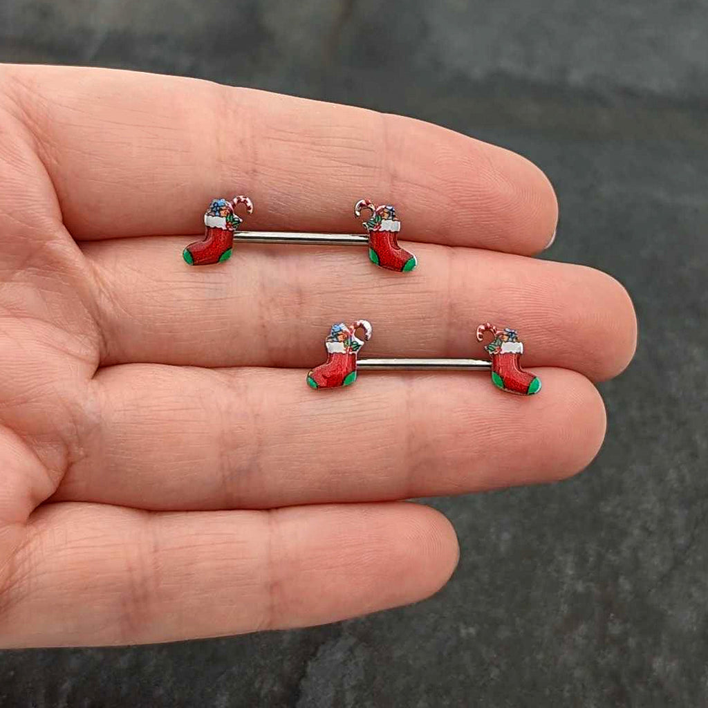 BodyCandy 14G 9/16 Cheery Christmas Stocking Red Barbell Nipple Ring Set — size reference