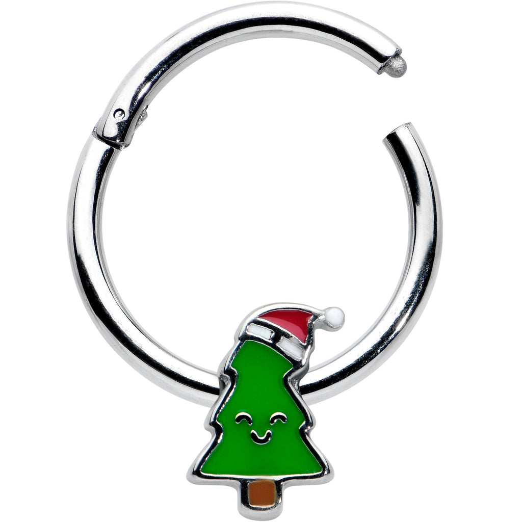 BodyCandy 16G 3/8 Happy Christmas Tree Holiday Hat Hinged Segment Ring — detail close-up