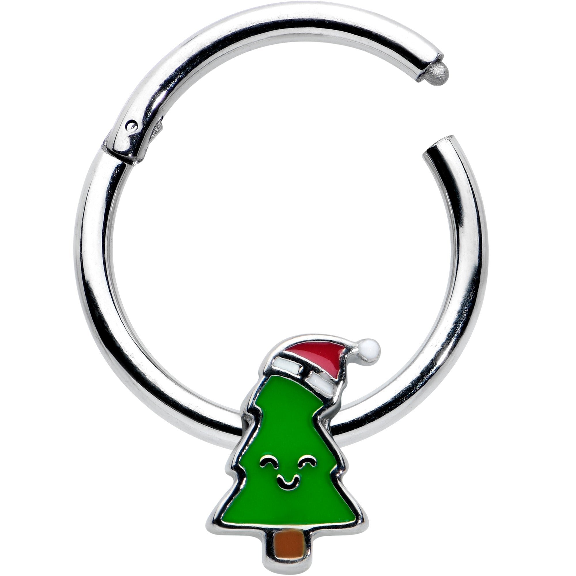 BodyCandy 16G 3/8 Happy Christmas Tree Holiday Hat Hinged Segment Ring — detail close-up
