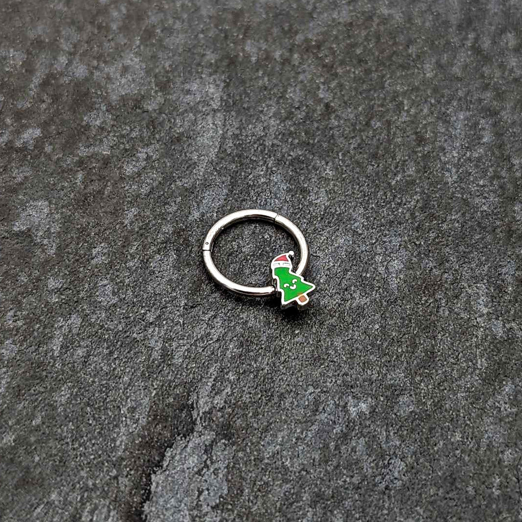 BodyCandy 16G 3/8 Happy Christmas Tree Holiday Hat Hinged Segment Ring — side view