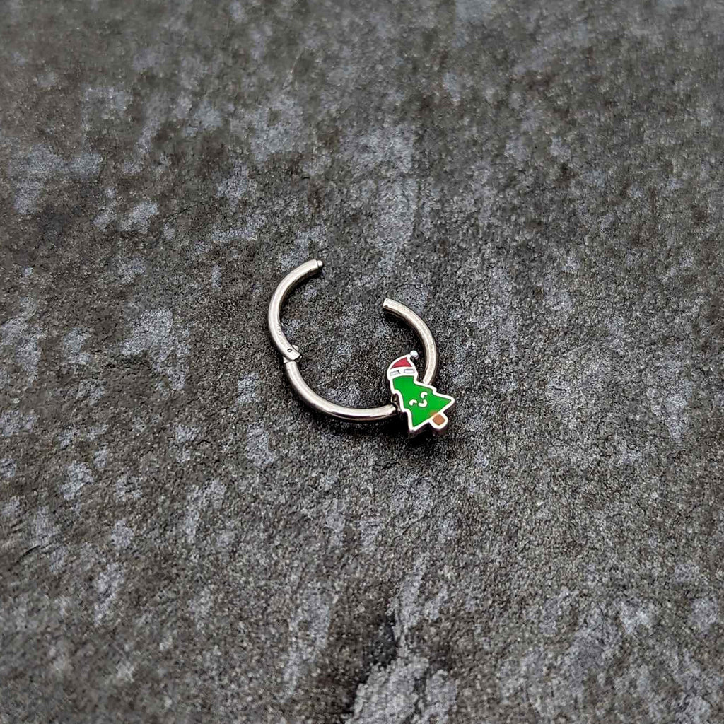 BodyCandy 16G 3/8 Happy Christmas Tree Holiday Hat Hinged Segment Ring — back view
