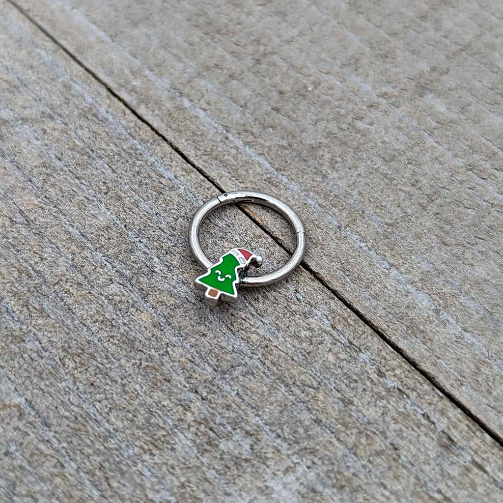 BodyCandy 16G 3/8 Happy Christmas Tree Holiday Hat Hinged Segment Ring — alternative angle