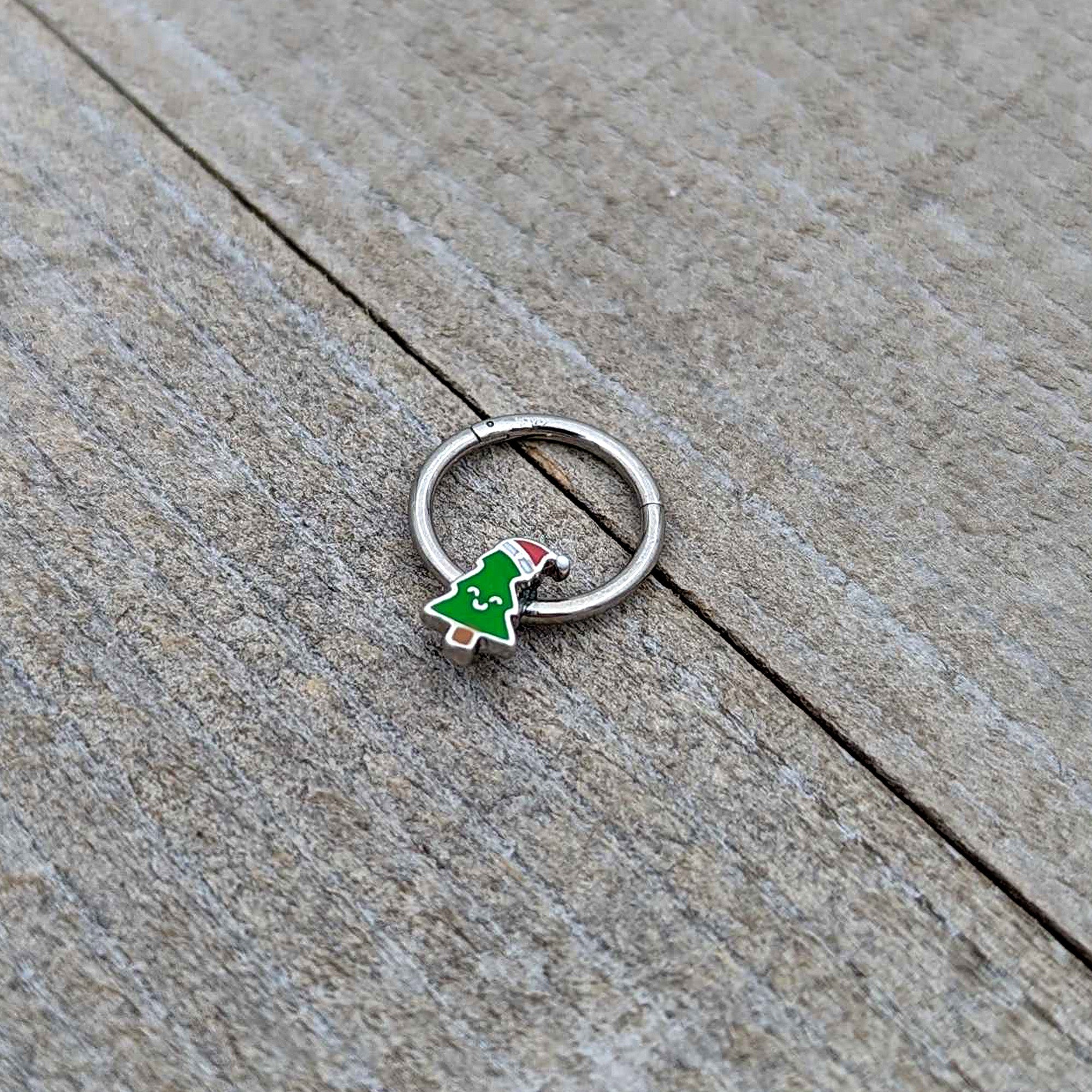 BodyCandy 16G 3/8 Happy Christmas Tree Holiday Hat Hinged Segment Ring — alternative angle