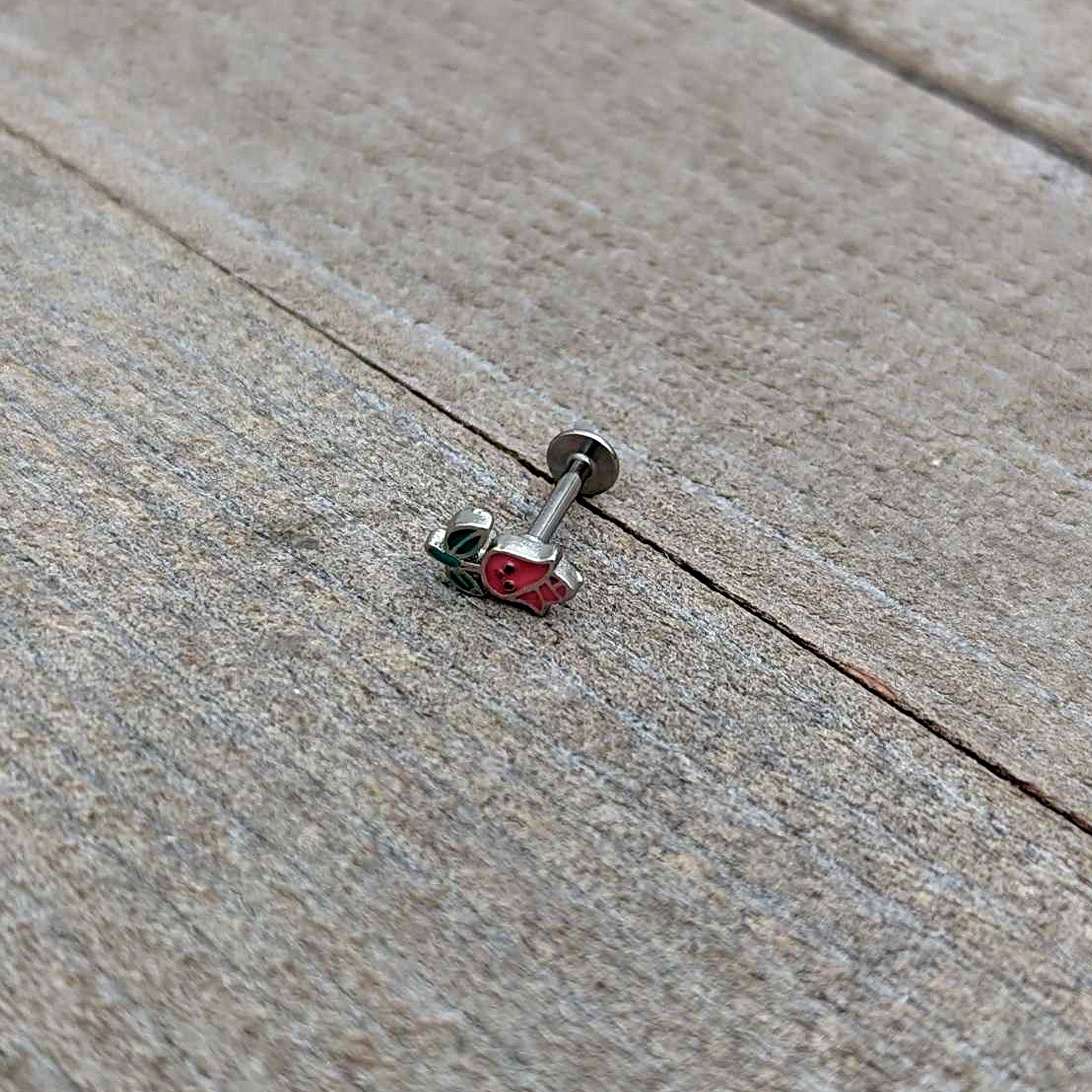 BodyCandy 16G 5/16 Sweet Happy Rose Flower Labret Monroe Tragus — in-use photo