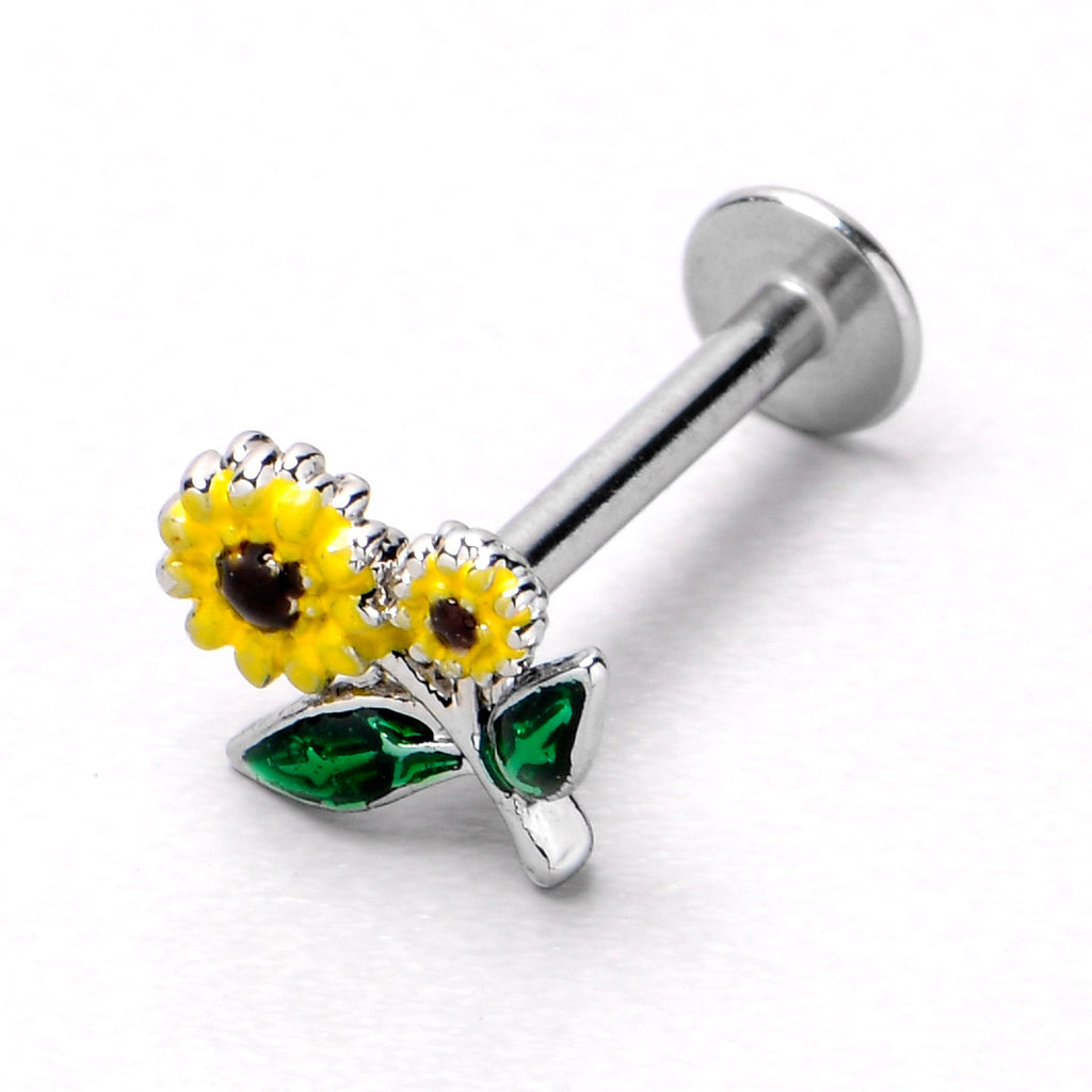 BodyCandy 16G 5/16 Cheery Inlay Sunflowers Labret Monroe Tragus — in-use photo