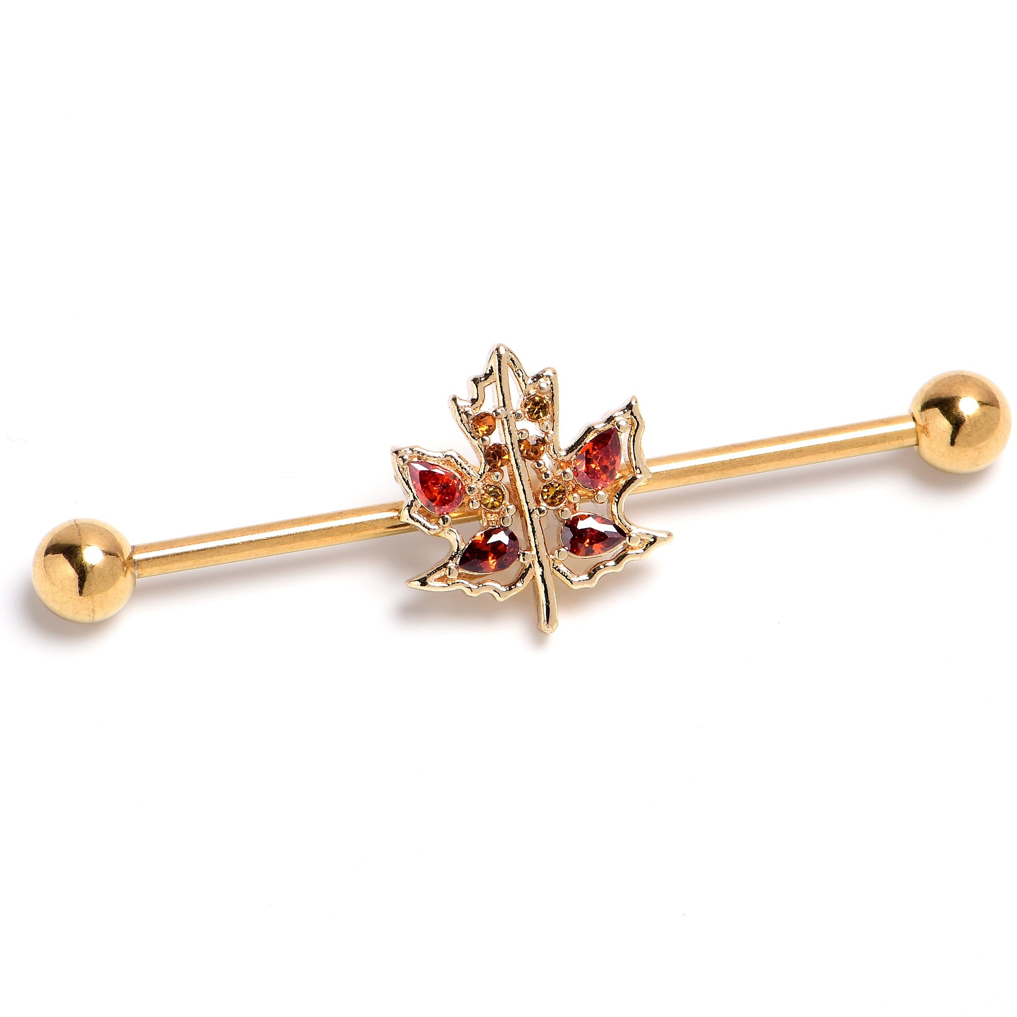 BodyCandy 14G Red Yellow Gem Gold Tone Maple Leaf Industrial Barbell 38mm — main product shot