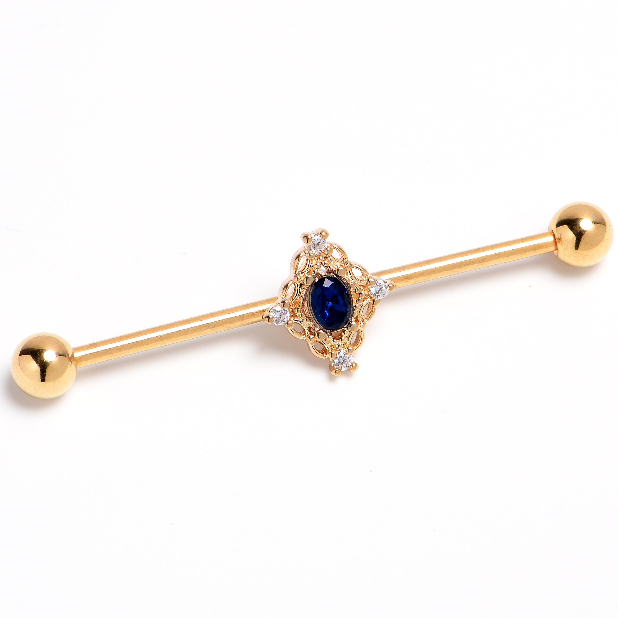 BodyCandy 14G Blue Gem Gold Tone Filigree Rhombus Industrial Barbell 38mm — main product shot