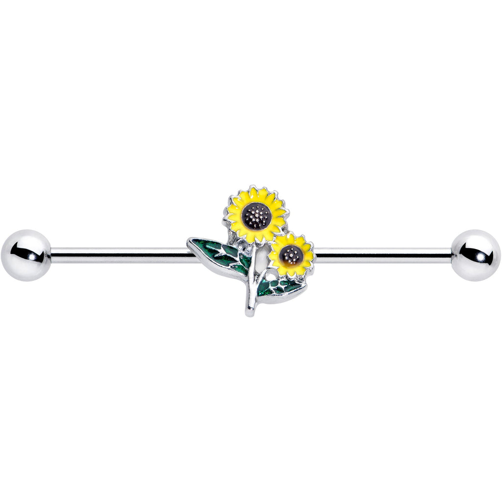 BodyCandy 14G Cheery Inlay Sunflowers Industrial Barbell 38mm — detail close-up