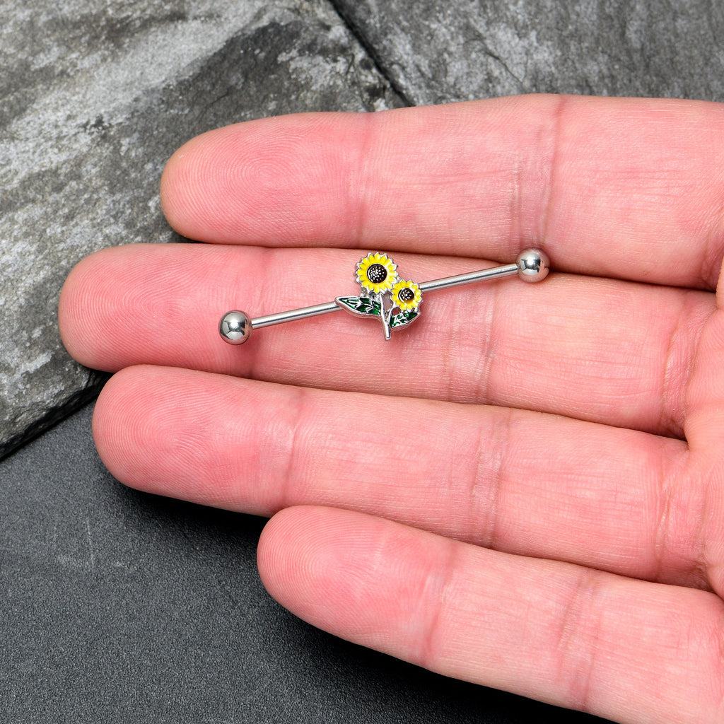 BodyCandy 14G Cheery Inlay Sunflowers Industrial Barbell 38mm — lifestyle context