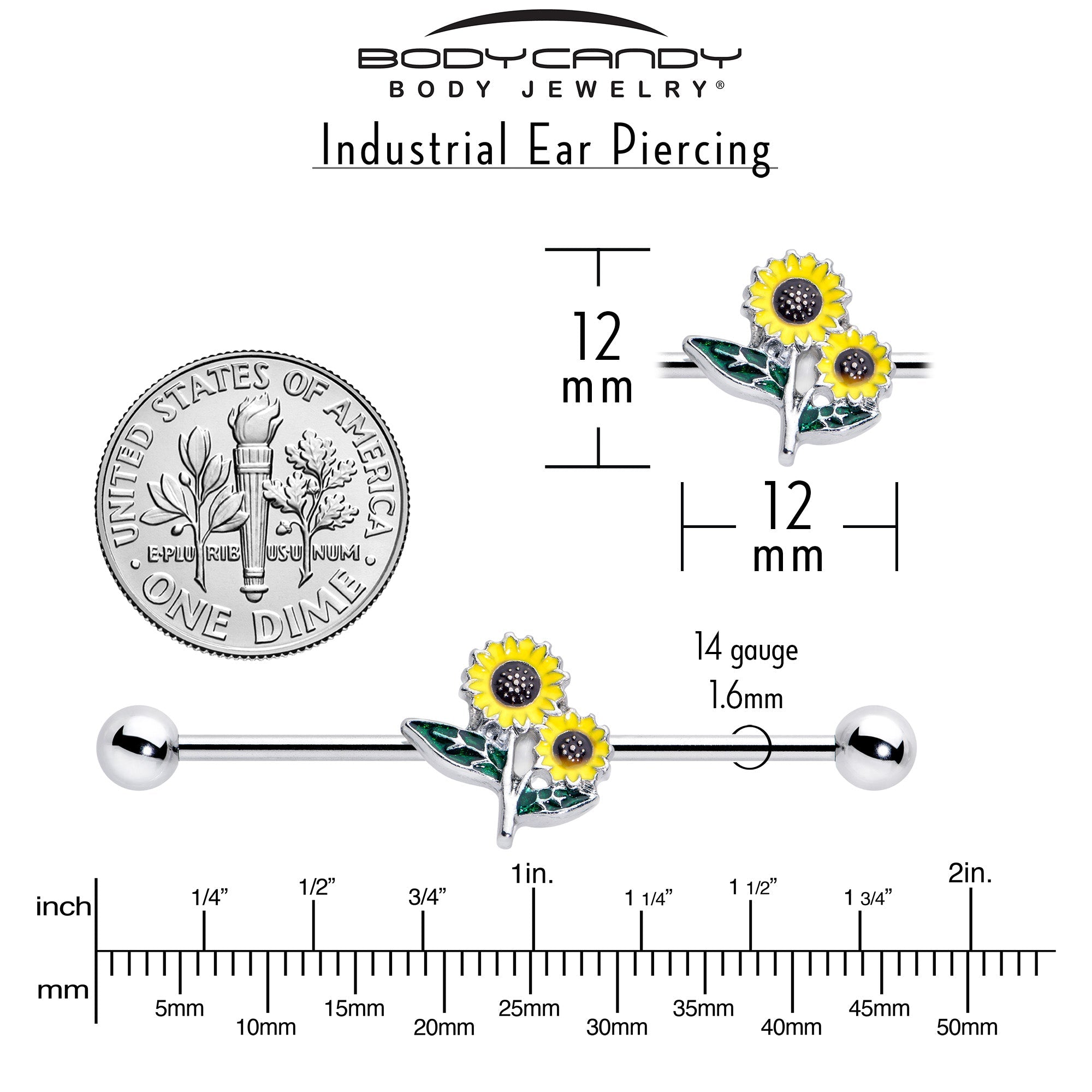 BodyCandy 14G Cheery Inlay Sunflowers Industrial Barbell 38mm — side view