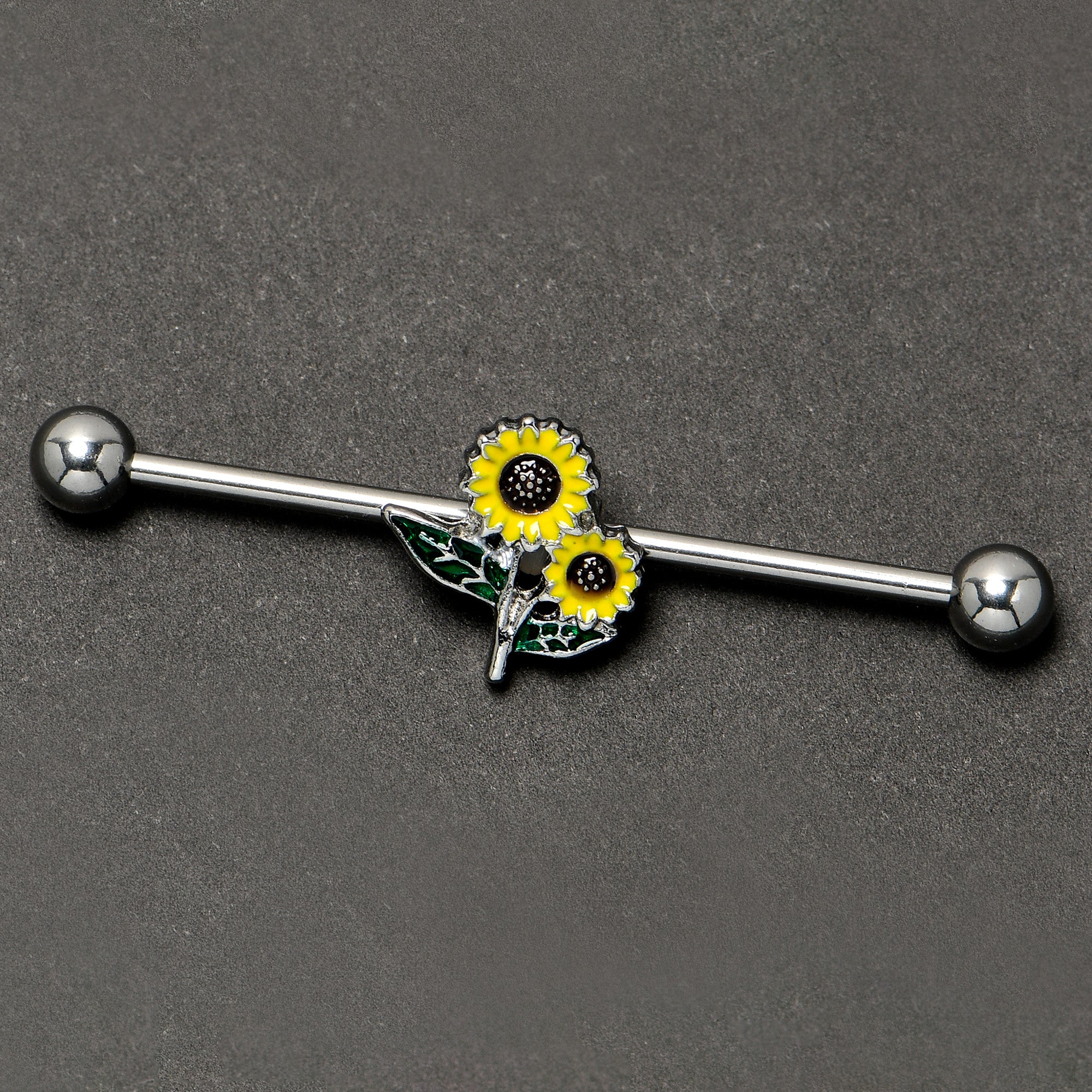 BodyCandy 14G Cheery Inlay Sunflowers Industrial Barbell 38mm — back view