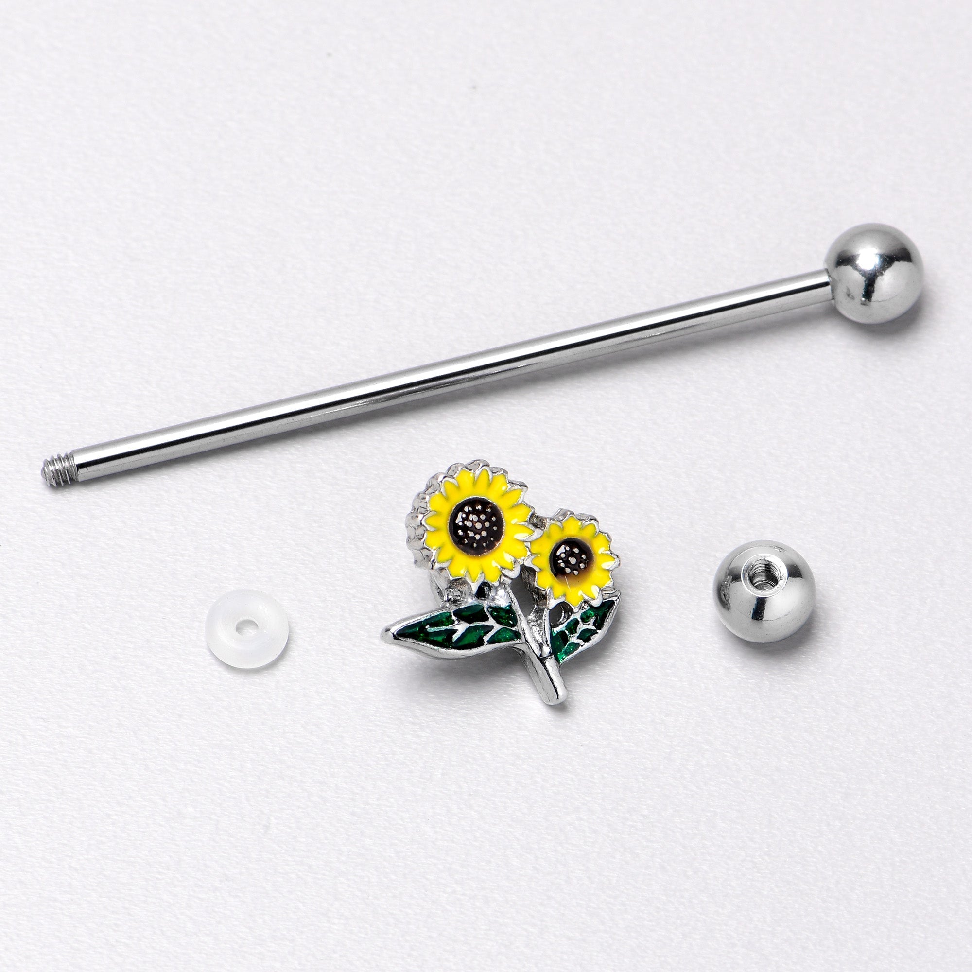 BodyCandy 14G Cheery Inlay Sunflowers Industrial Barbell 38mm — in-use photo
