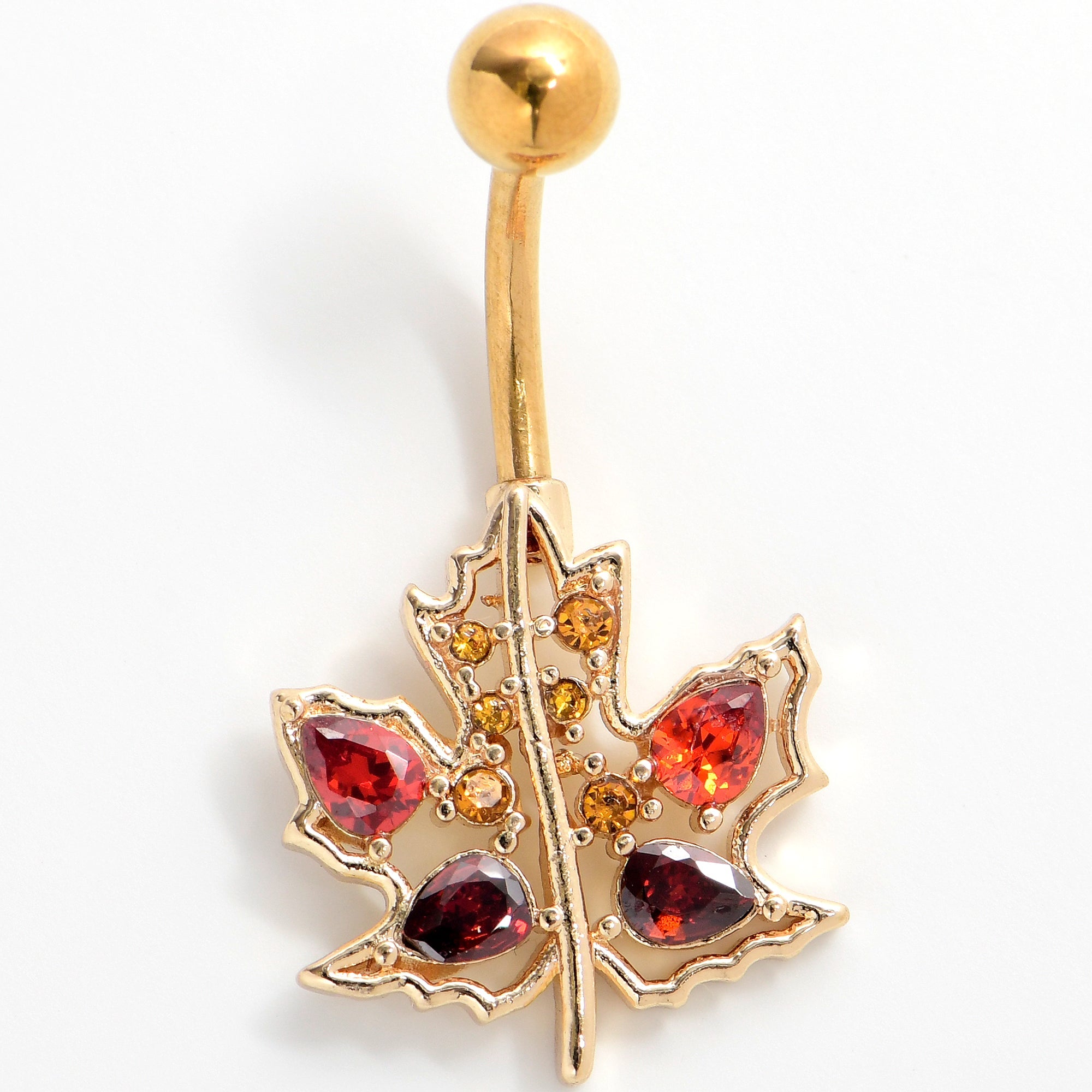 BodyCandy Red Yellow Gem Gold Tone Maple Leaf Autumn Belly Ring — main product shot